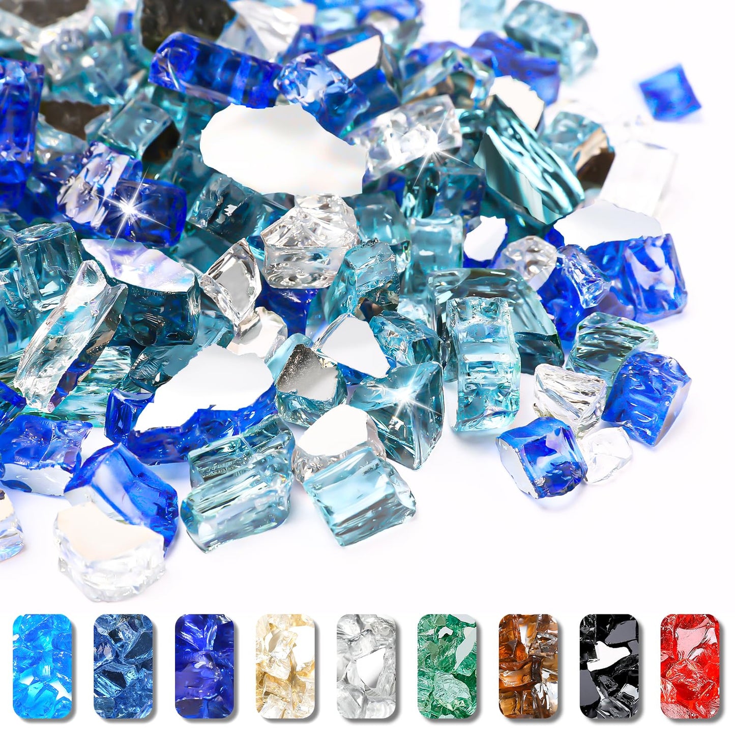 Grisun 10 Pound Fire Glass for Fire Pit - 1/2 inch Reflective Fire Glass Rocks, Decorative for Fireplace and Fire Table, Blend of Cobalt Blue, Caribbean Blue and Platinum