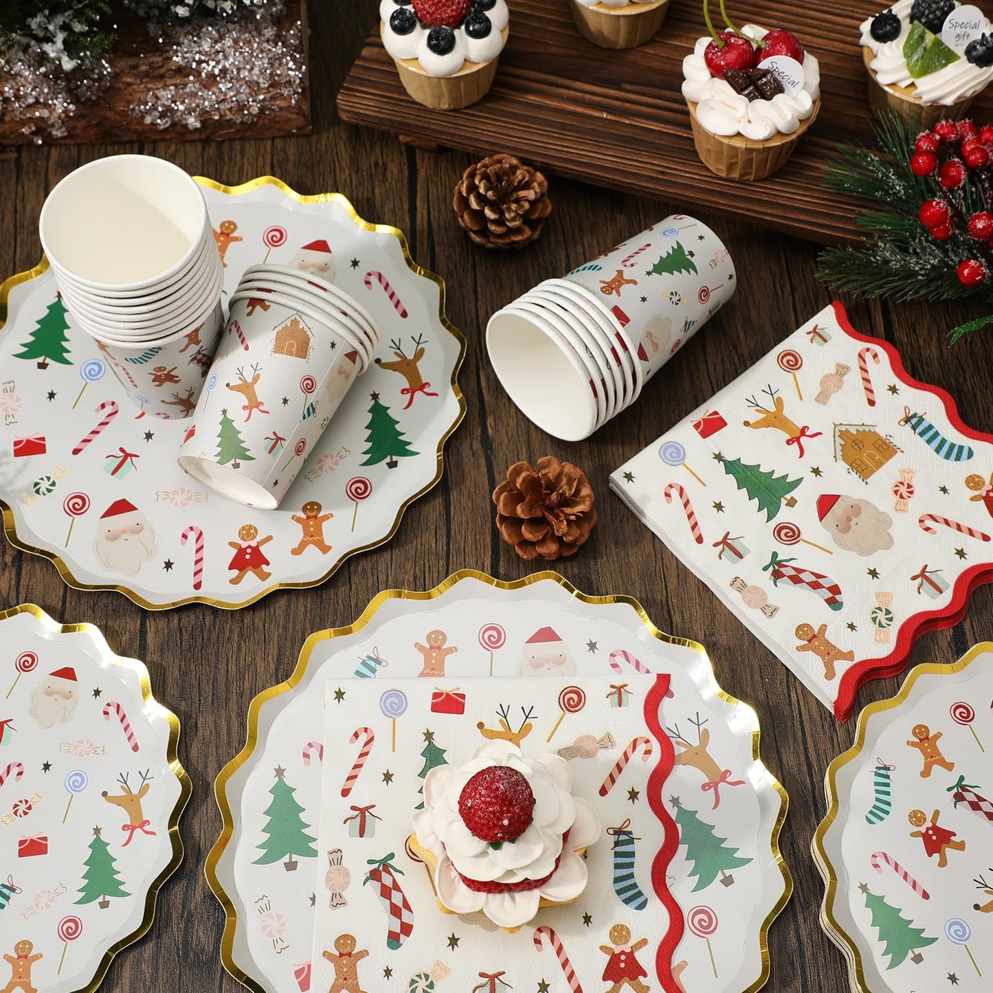 Patelai 100 Pcs Christmas Paper Plates, Cups and Napkins Disposable Christmas Party Supplies Xmas Paper Dinnerware Disposable Dessert Plate Tableware Holiday Birthday Party Decorations, Serve 25