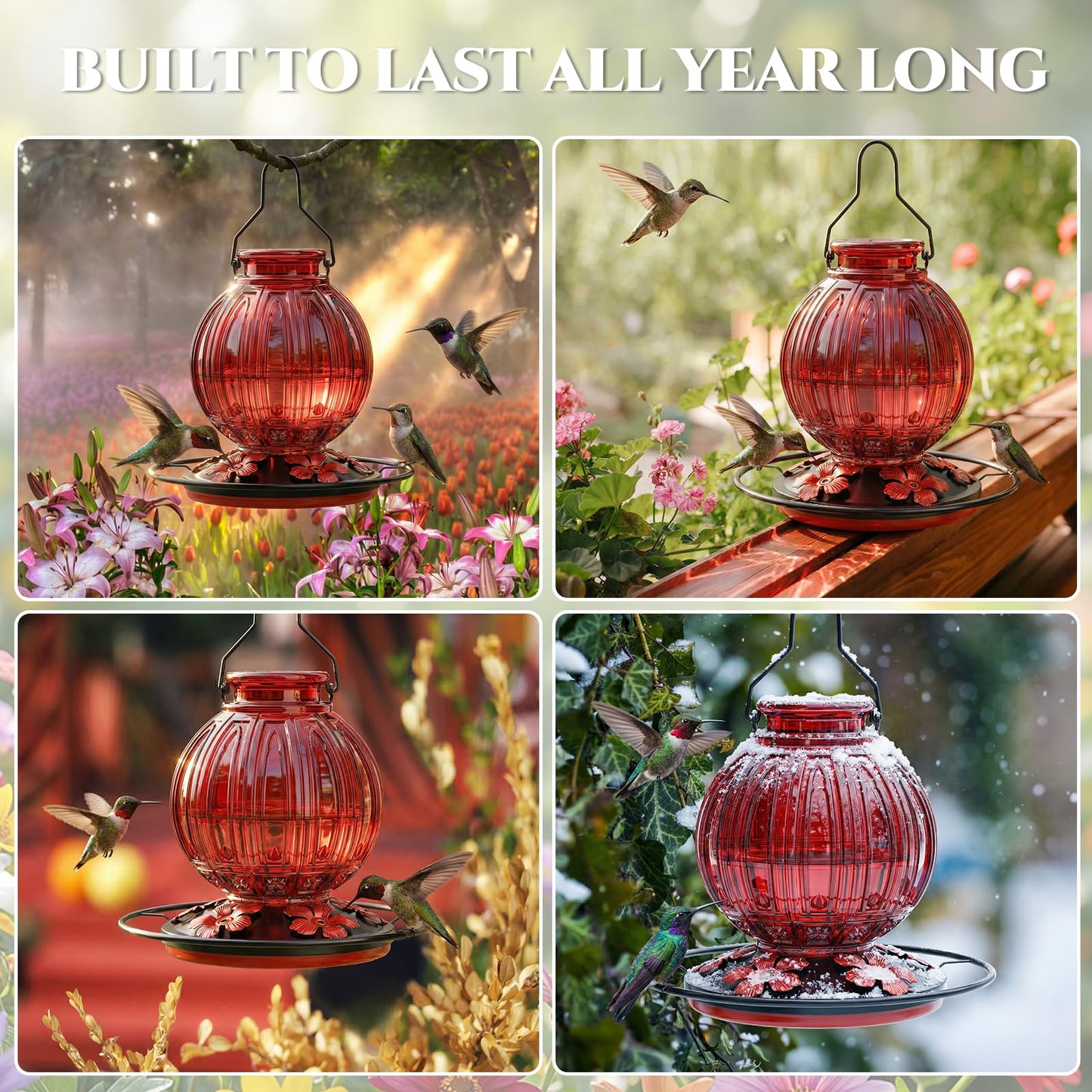Glass Hummingbird Feeder for Outdoors Hanging, 24Oz Bird Nectar Feeder with Perch & 5 Flower Feeding Ports, Leak Proof for Outside Garden Decor Backyard, Gifts for Women Mom, Red