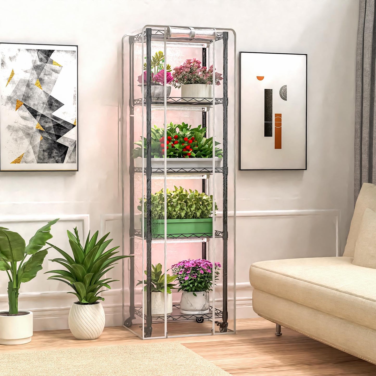 sagrynfp Indoor Greenhouse with Grow Lights,with 40W Full Spectrum Growing Lamps for Seed Starting , 5 Tier 15.7" L×11.8" W×62.3" H Mini Greenhouse，Grow Light Shelf with Tent and Thermometer