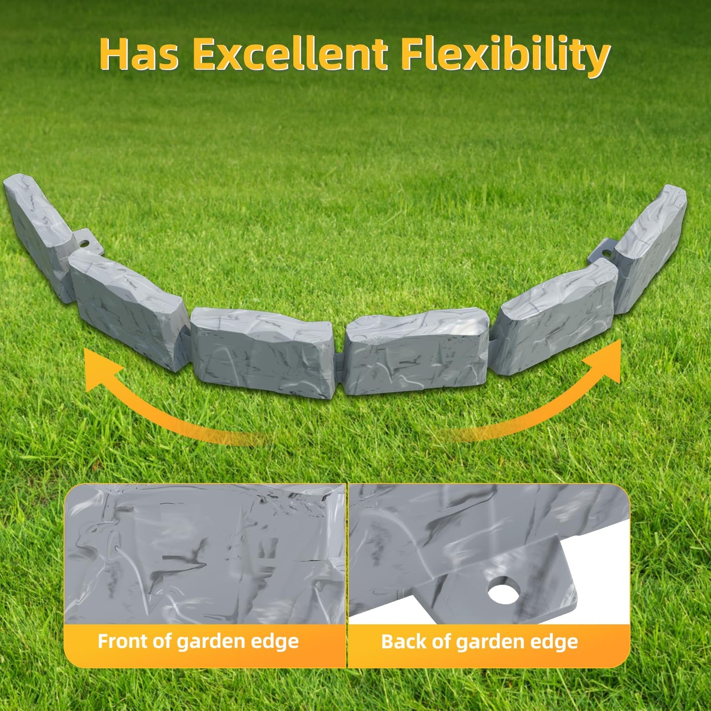 16 Pack(24FT) No Dig Landscape Edging with 48 Spikes,3 Inch Tall Stone Gray Faux Stone Edging for Landscaping,Garden,Flower Beds,Grass,Yard,Paver,Pathway Decorative Fence