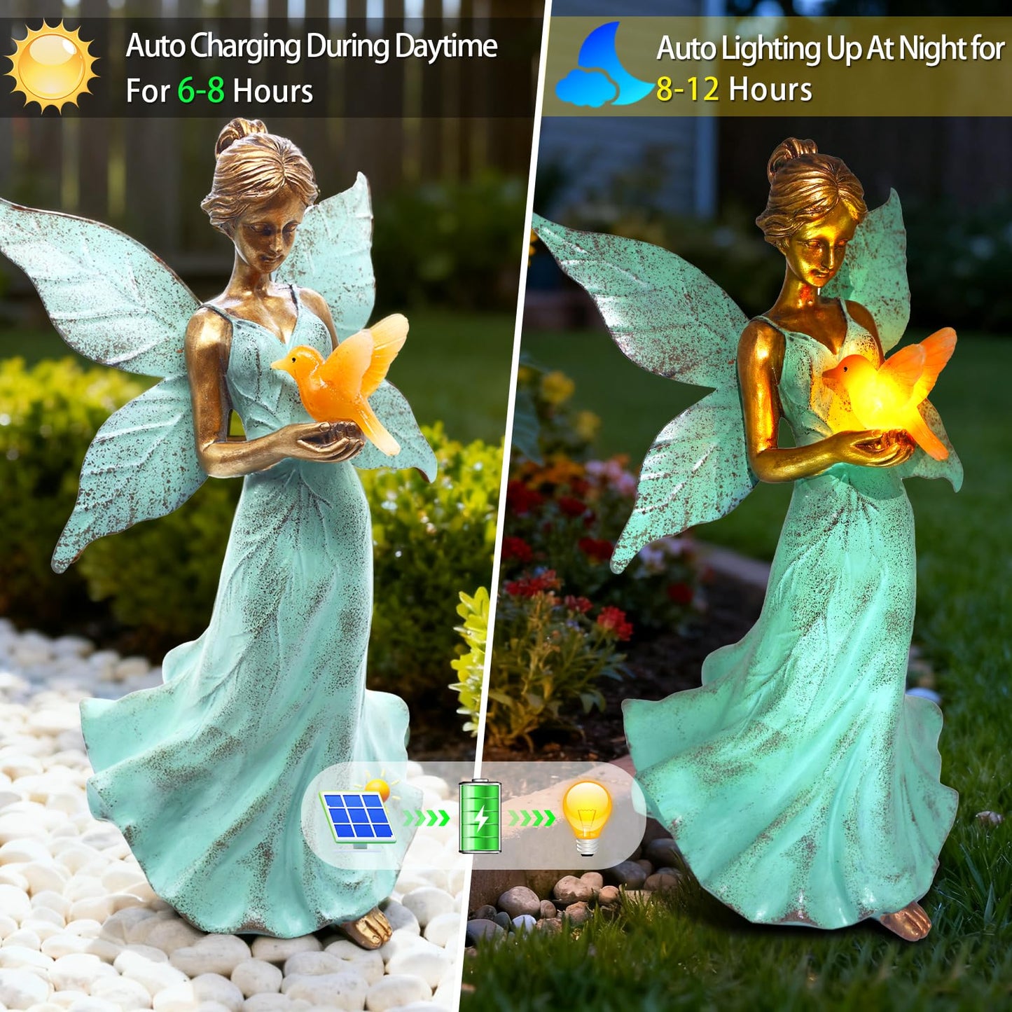 Solar Fairy Garden Statue Decor - Gifts for Women Mom Mother's Day, 10 Inch Angel Girls Resin Figurine Waterproof Home Decoration with Hummingbird LED Lights for Bedroom Balcony Table Yard Patio