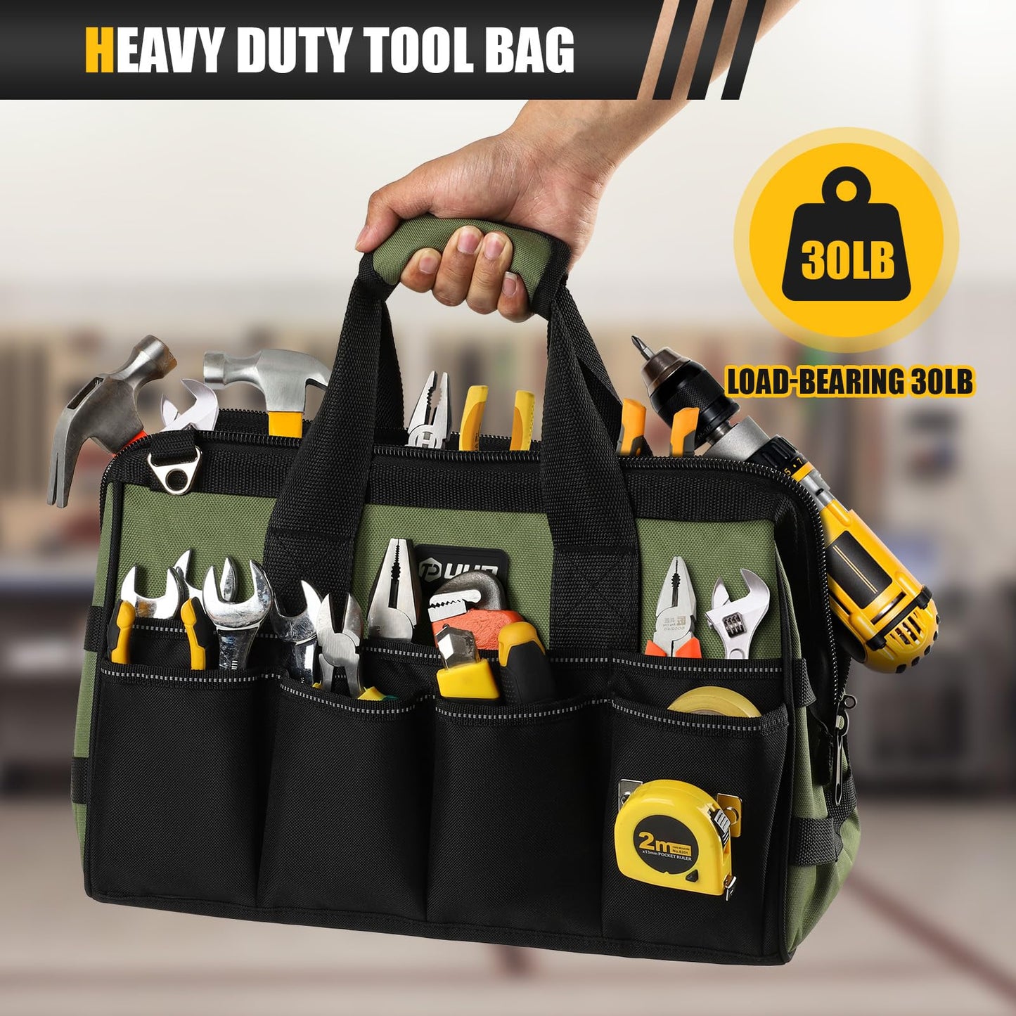 UUP Heavy Duty Tool Bag 15-Inch, 16-Pocket Portable Empty Tool Box Organizer, Big Storage Toolbox Organization, Soft Handle Large Zipper Carrying Toolbag, Father Day Gifts for Him Dad Men, Green