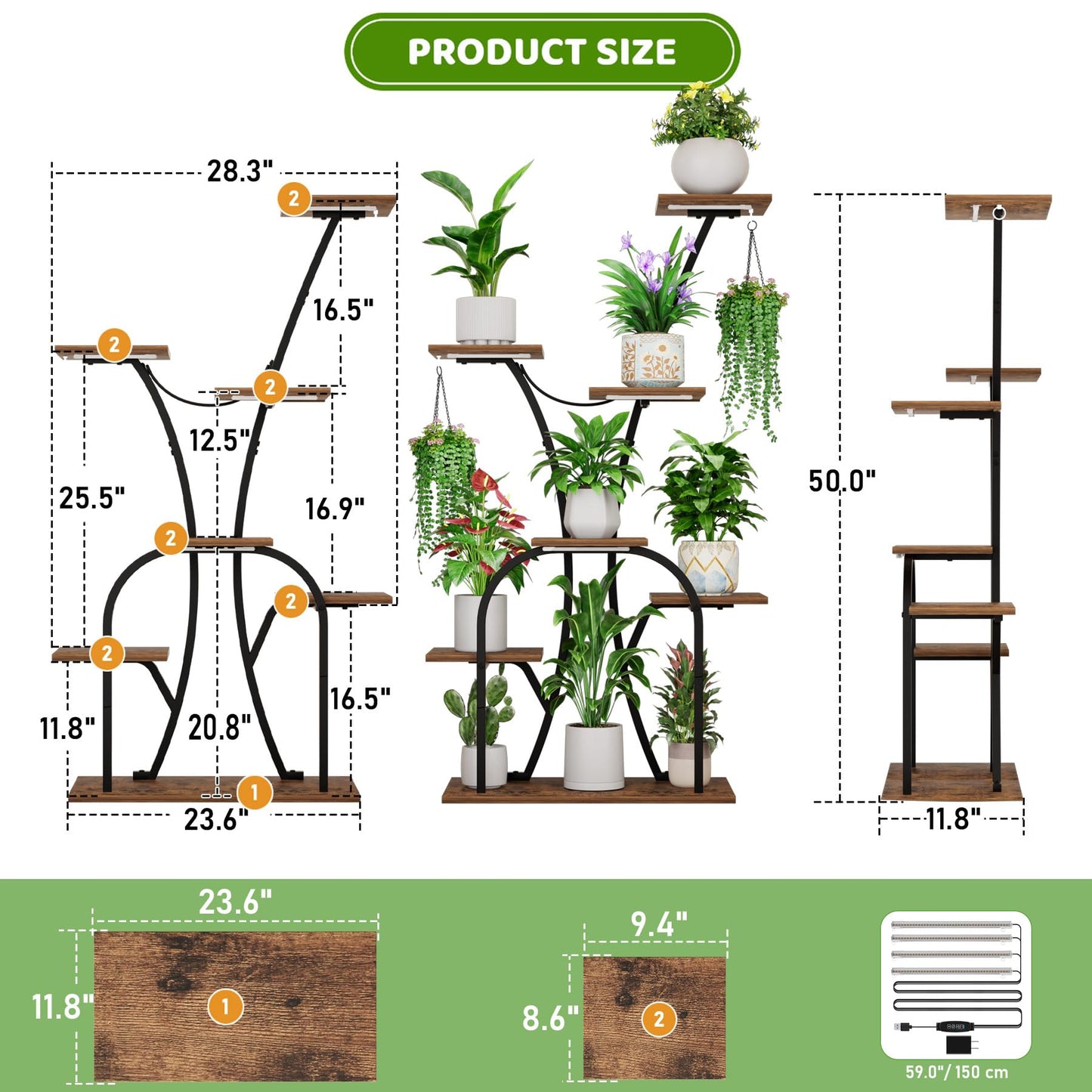 Plant Stand Indoor with Grow Lights, 7 Tiered Plant Shelf Indoor, 50'' Corner Plant Stands for Indoor Plants, Metal Plant Display Shelves Lighted Flower Holder, Plant Rack for Living Room, Black