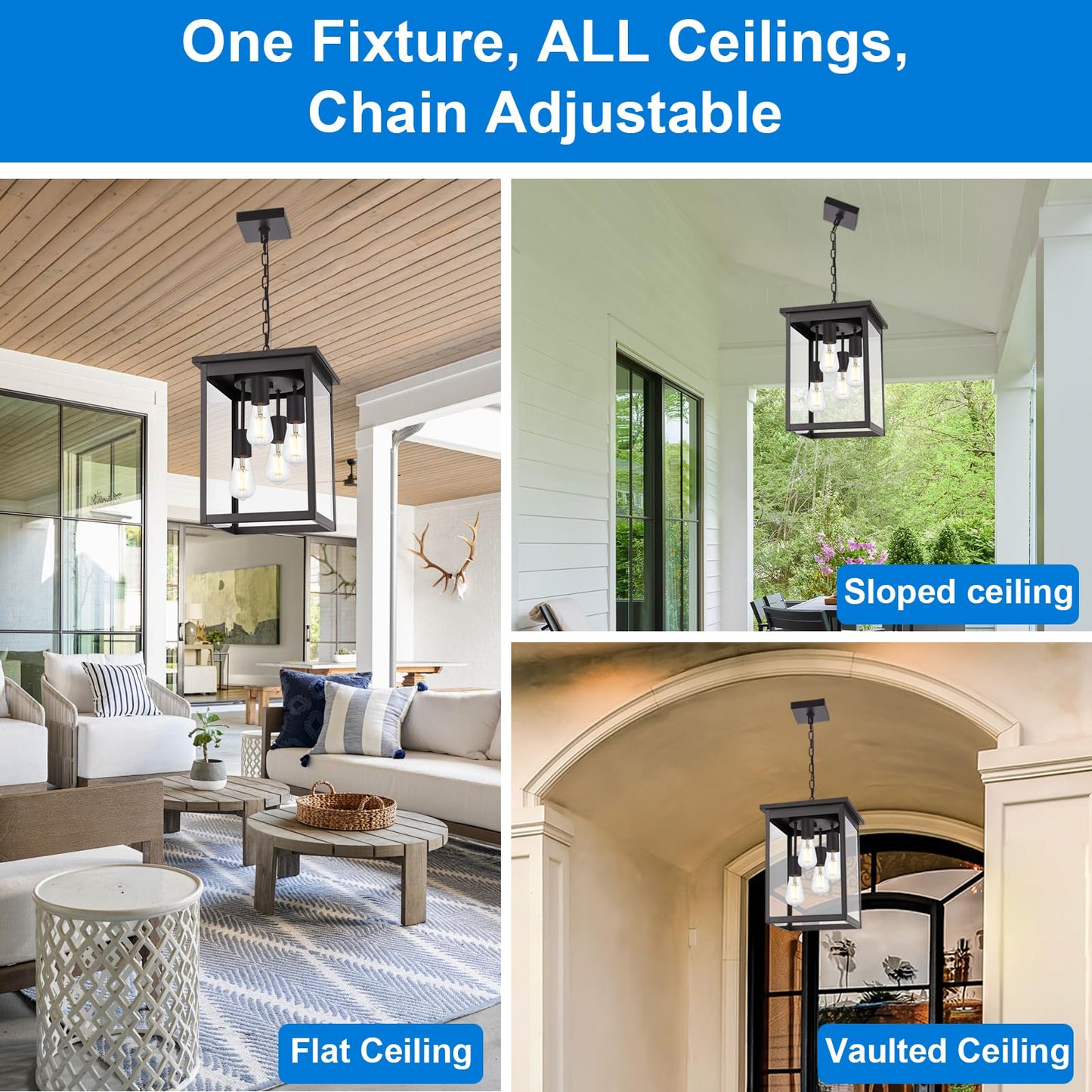 TULUCE 4-Light Large Outdoor Pendant Light Fixtures Oil Rubbed Bronze, Adjustable Height Outdoor Ceiling Light, Exterior Hanging Light Fixture for Patio Yard Front, E26 Base Hanging Porch Light