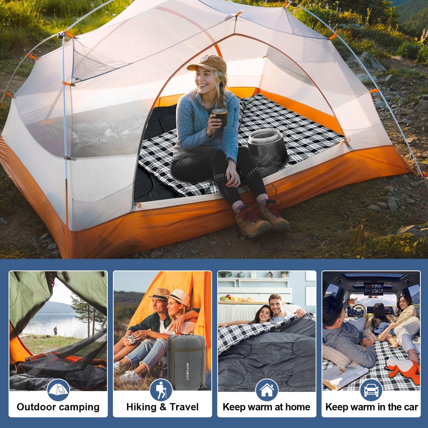 WKFAMOUT Cotton Flannel Double Sleeping Bag for Adults Machine Washable 2 Person Camping Sleeping Bag Queen Size Waterproof with Compression Sack for Cold Weather 3-4 Seasons