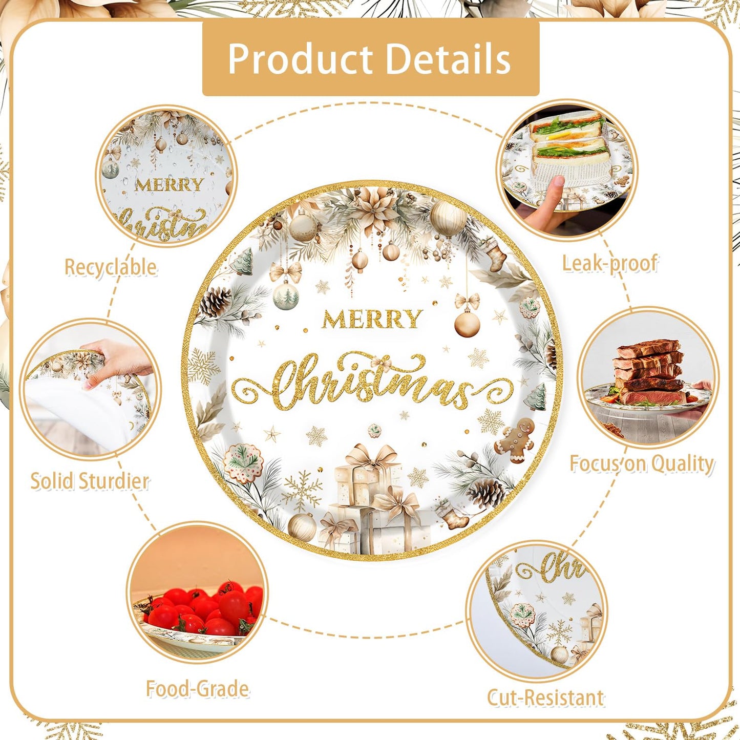 MEHOFOND Christmas Party Supplies193PCS, Gold Christmas Tree Disposable Dinnerware Paper Plates, Napkins, Cups, Cutlery,Tablecloth for Xmas Holiday Party Decor, Serve 24 Guestst