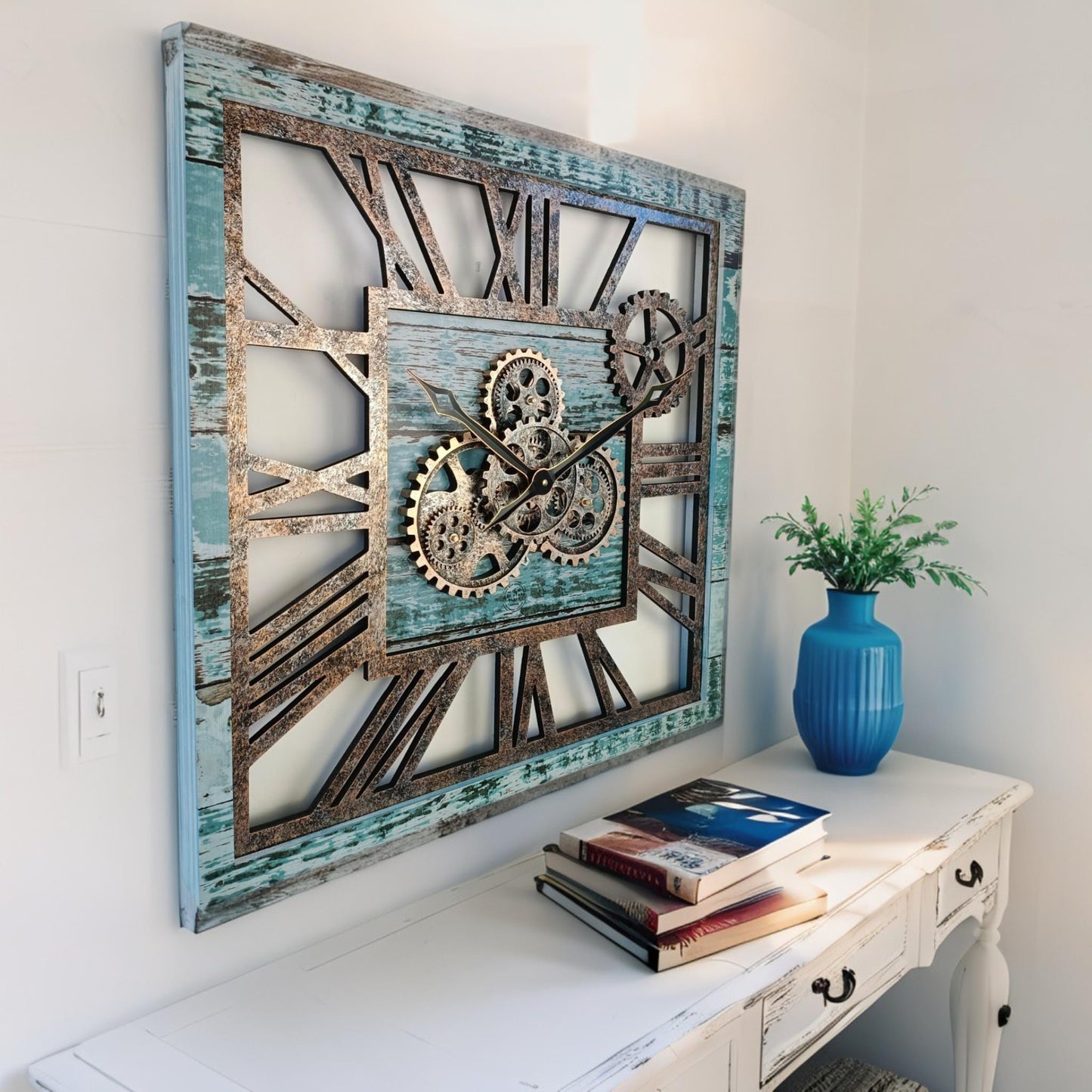 ImprovingLife The Gears Clock 24'' Inch Square Real Moving Gear Wall Clock Vintage Industrial Oversized Rustic Farmhouse (Aqua Green)