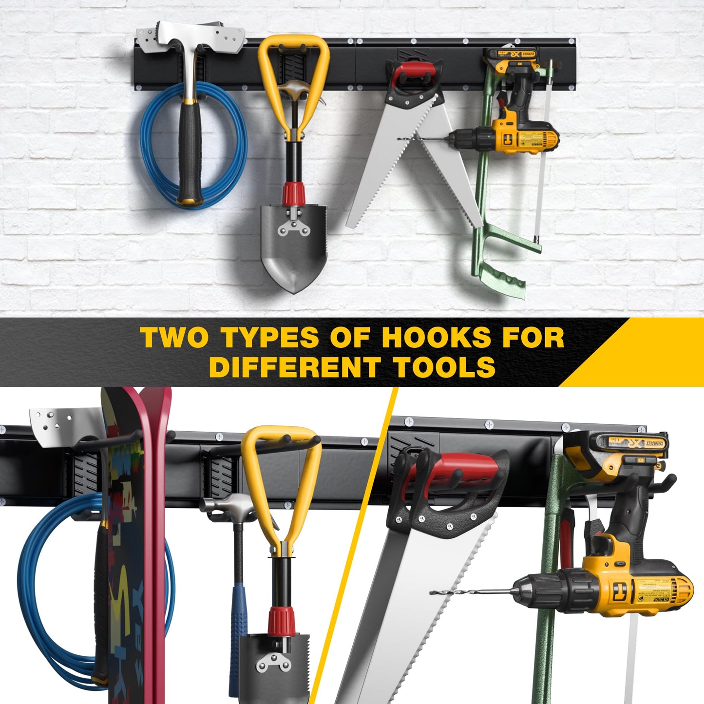 Garage Tool Organizer Wall Mount with 32 inches Rails and Adjustable Heavy-Duty Hooks, Garden Tool Organizer, Carries 300 lbs, Heavy Duty Garage Storage Rack For Yard, Shed, Workshop, Easy to Install