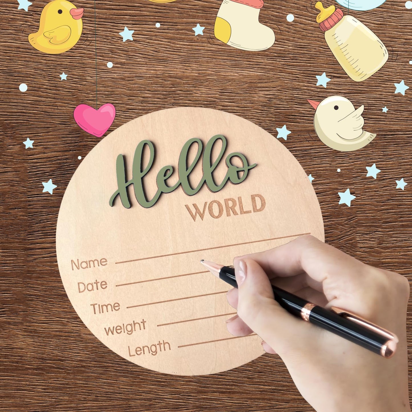 Baby Announcement Sign, 5.9 Inch Wooden Hello World Newborn Signs, Birth Announcement Sign, Baby Shower Hospital Nursery for Newborn Boys and Girls (Forest Green)