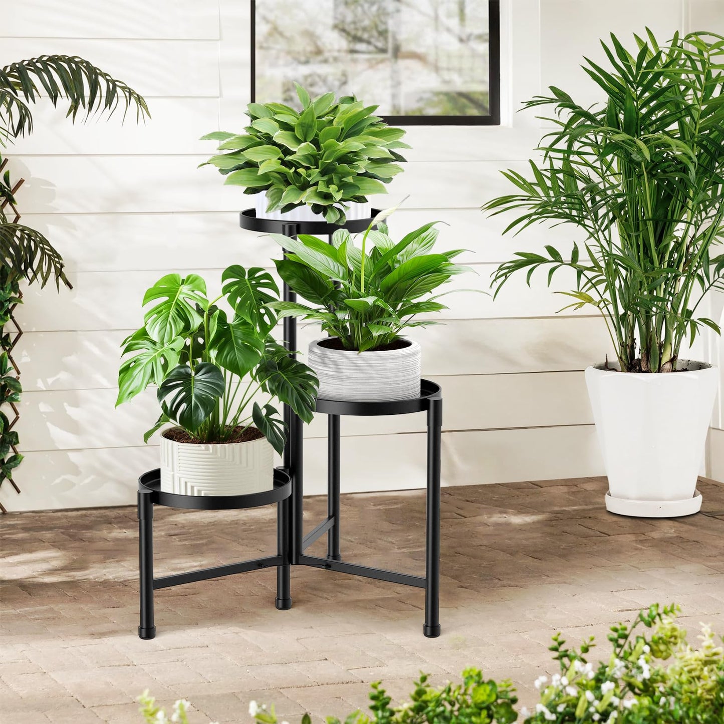 JOPBENG 3 Tier Corner Plant Stand Indoor Outdoor, Metal Plant Shelf with 10 Inch Wide Tray,Flower Pot Display Holder Iron Rack Organizer Stand for Living Room Office Garden Patio Balcony Black