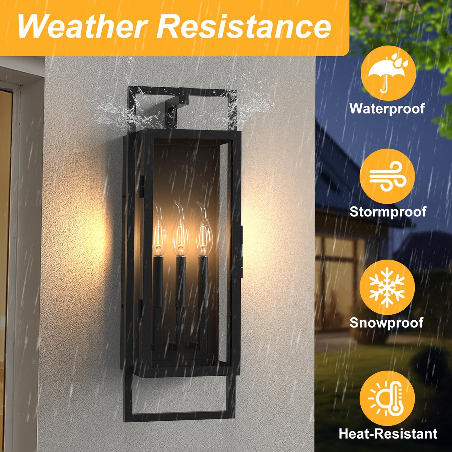 Lawyettle 26.38IN Porch Light Outdoor, Dusk to Dawn Wall Lantern with Tempered Glass, Waterproof Outside Light Front Porch Light 3-Light, Matte Black Front Open Window Wall Sconce for Patio