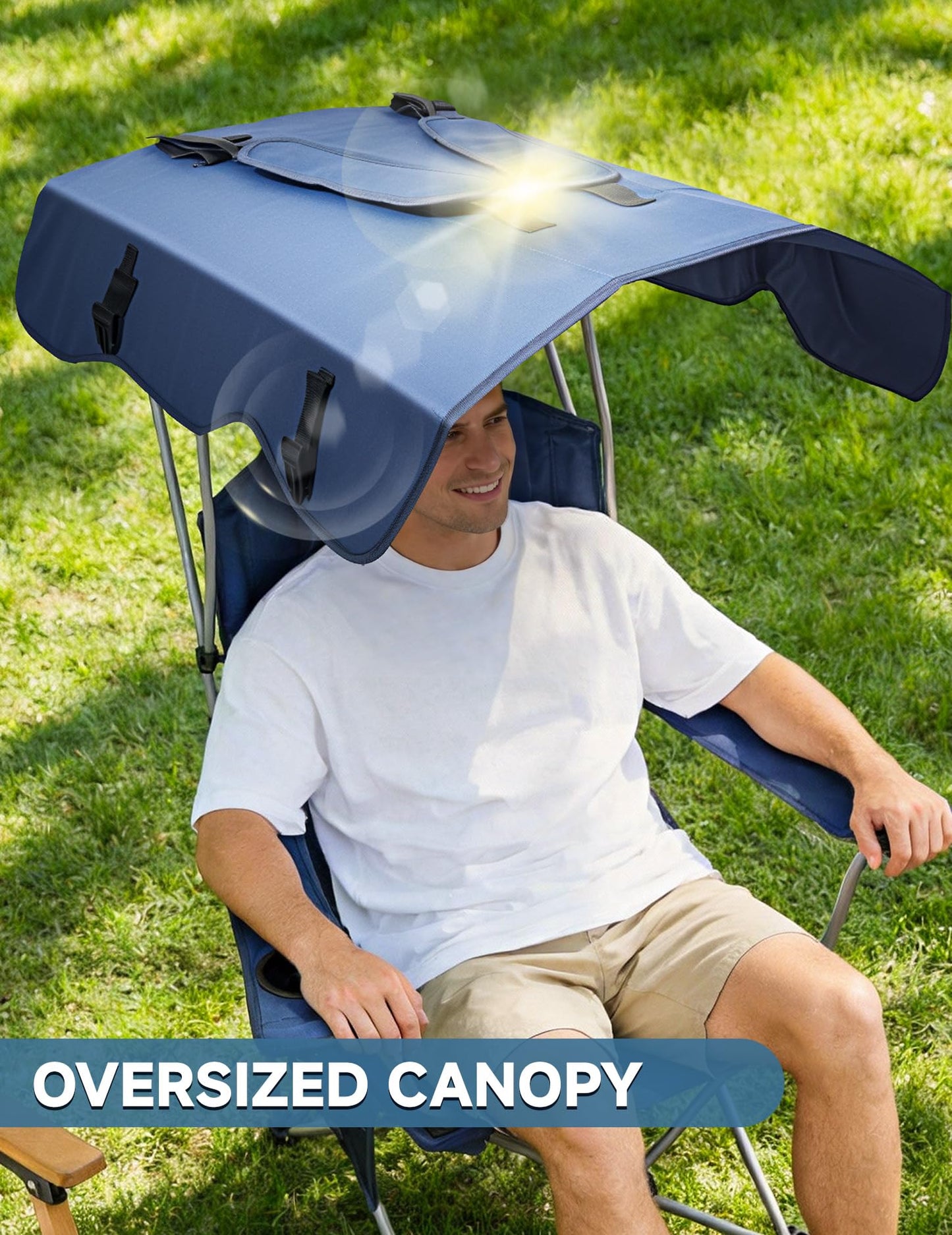 East Oak Camping Chair with Canopy | 25" High Back Folding Beach Chair with Canopy Shade, Supportive Headrest, Cup Holder, Side Pocket, 330 lbs Heavy Duty Canopy Chair for Outdoors