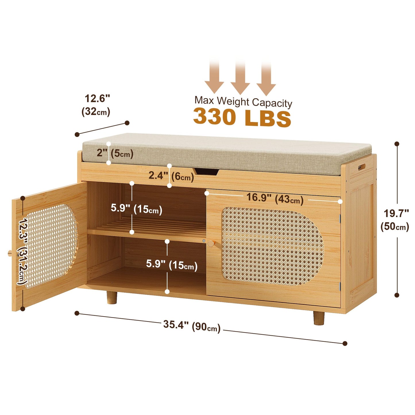 PETKABOO Rattan Shoe Storage Bench, 35.4" Bamboo Entryway Bench, 2-Tier Shoe Rack with 2 Doors & Padded Seat Cushion for Entryway, Living Room, Bedroom