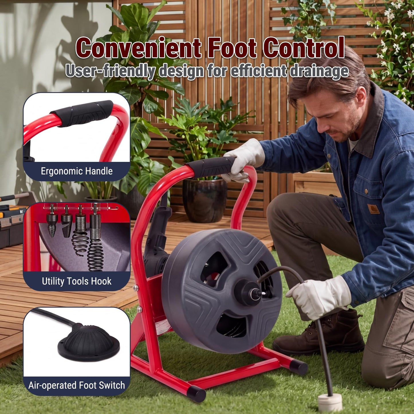 Holdwell S 50FT x 5/16 Inch Drain Cleaner Machine, Electric Drain Auger for 3/4"-3" Pipes, Enclosed Plastic Drum with 4 Cutters & Pneumatic Foot Switch, Sewer Snake Auger