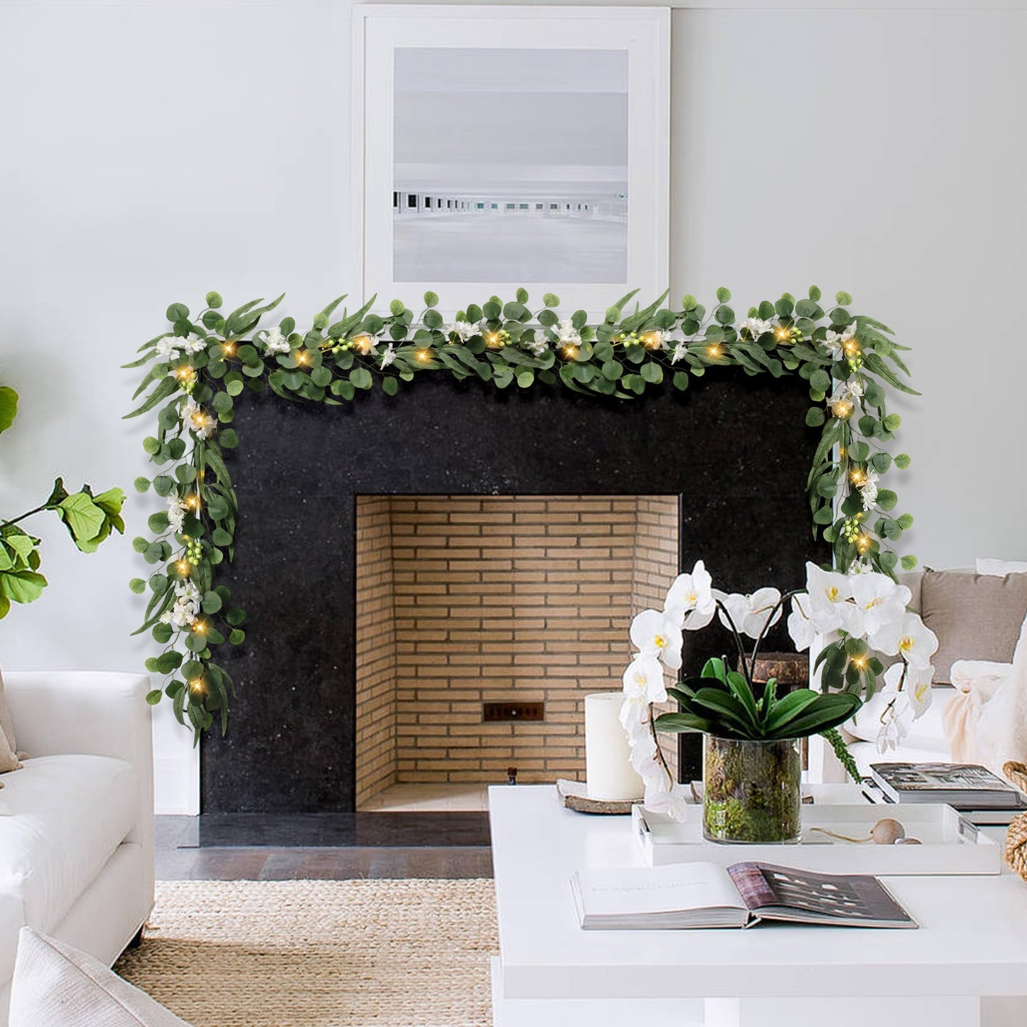 MDSTBN Eucalyptus Garland with Lights, 6FT Spring Garland Eucalyptus Leaves with Flower Berries Artificial Greenery Vine for Mantle Porch Wall Wedding Arch Backdrop Table Decoration