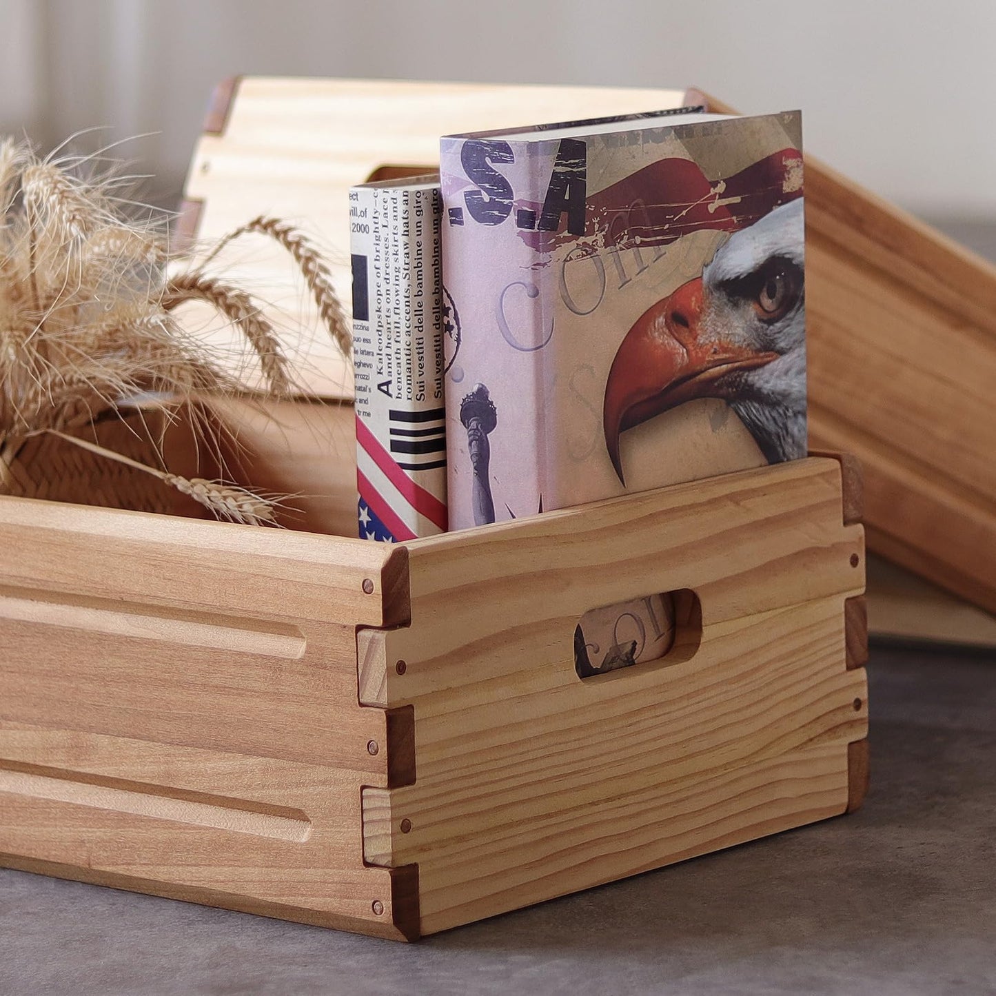 KLZLQ-XINCHEN 1 Pack Wooden Storage Bin of 16"x12"x6.25".Durable Open Solid Wood Box w/Handles.Farmhouse Container Shelf Baskets. Multipurpose Home Décor Organizer Crates for Display,Pantry,Book,CD