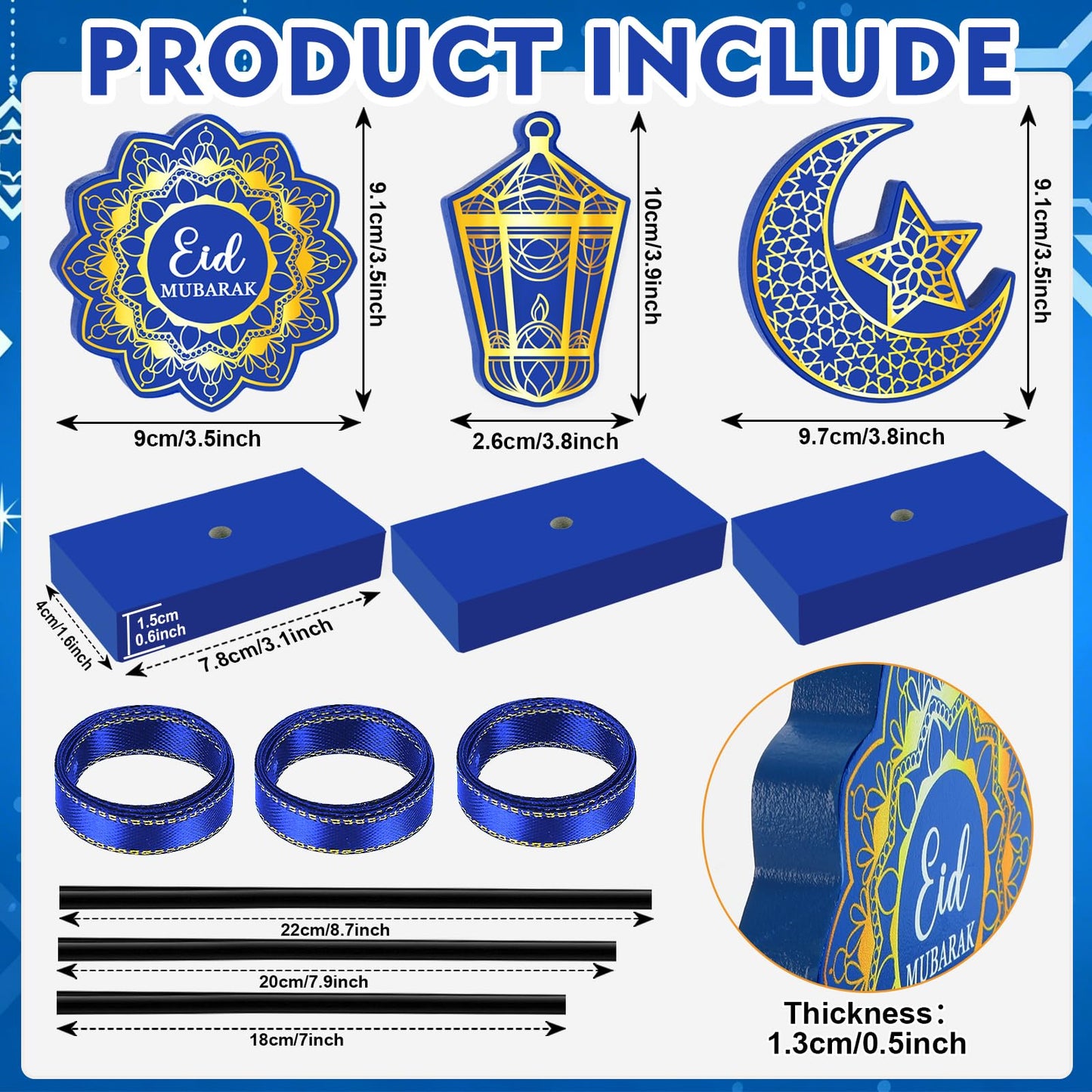 3 PCS Ramadan Table Decorations Wooden Eid Mubarak Signs Rustic Islamic Ramadan Tiered Tray Decor for Muslim Party Home Kitchen Decor (Blue.Classic)