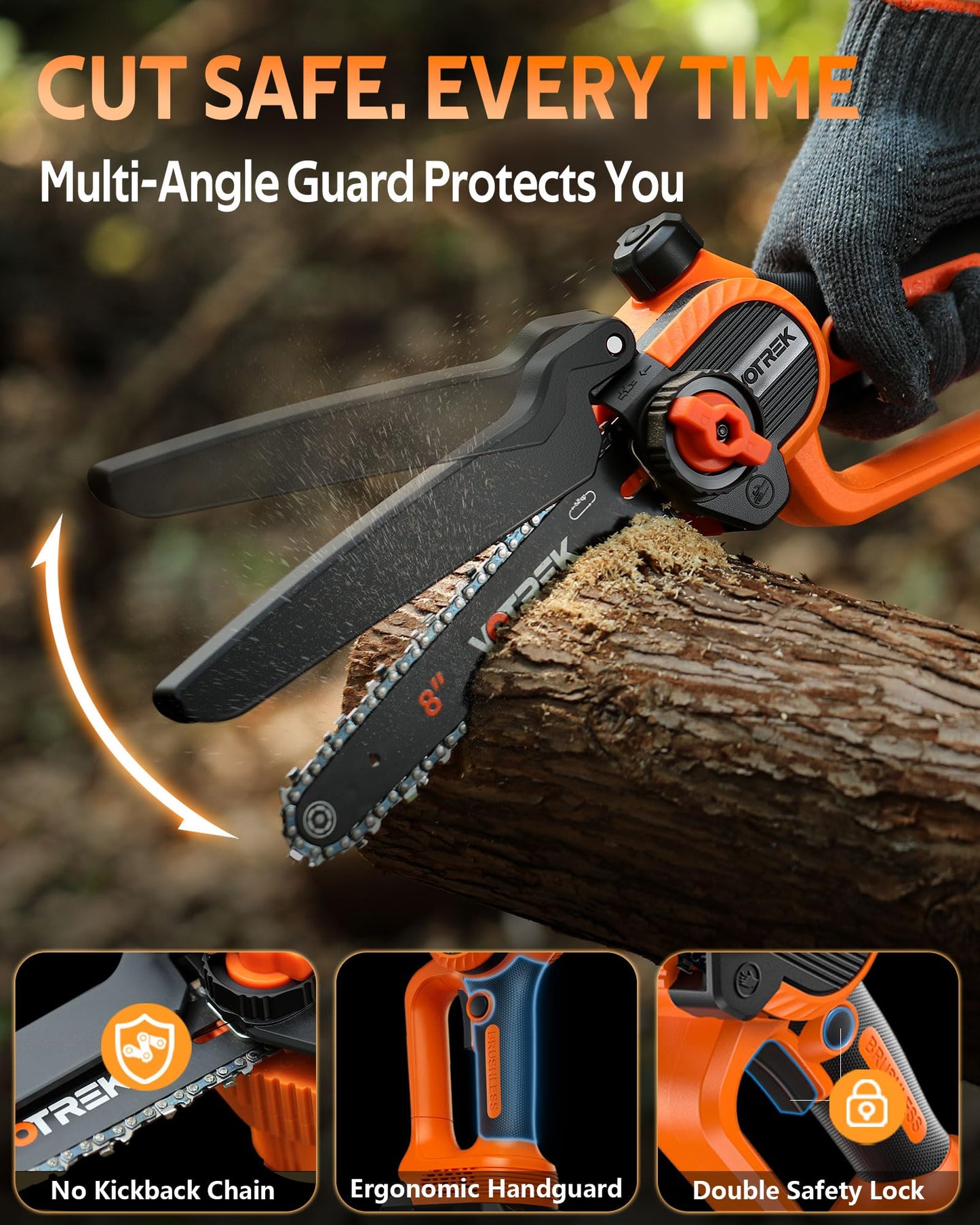 VOTREK® 8-Inch Mini Chainsaw Cordless, 2 x 3.0Ah Batteries, Electric Chain Saw with 2 Chains, Brushless Motor, Auto Oiler, Tool-Free Tensioner for Tree Trimming and Yard Cleanup