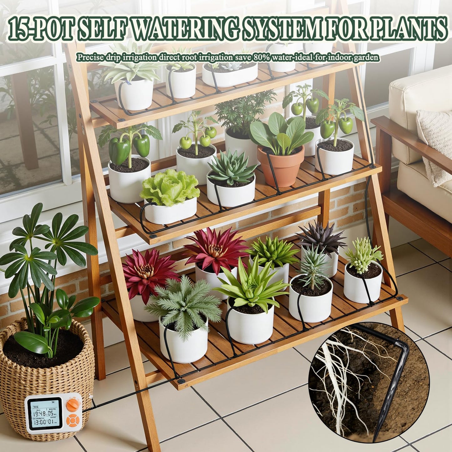 MJIAIDEA Automatic Watering System for Potted Plants, Indoor Auto Plant Waterer with Programmable Timer, Soil Moisture Sensor self Watering Device for 15 Plants, Ideal for Travel, Vacation, Away