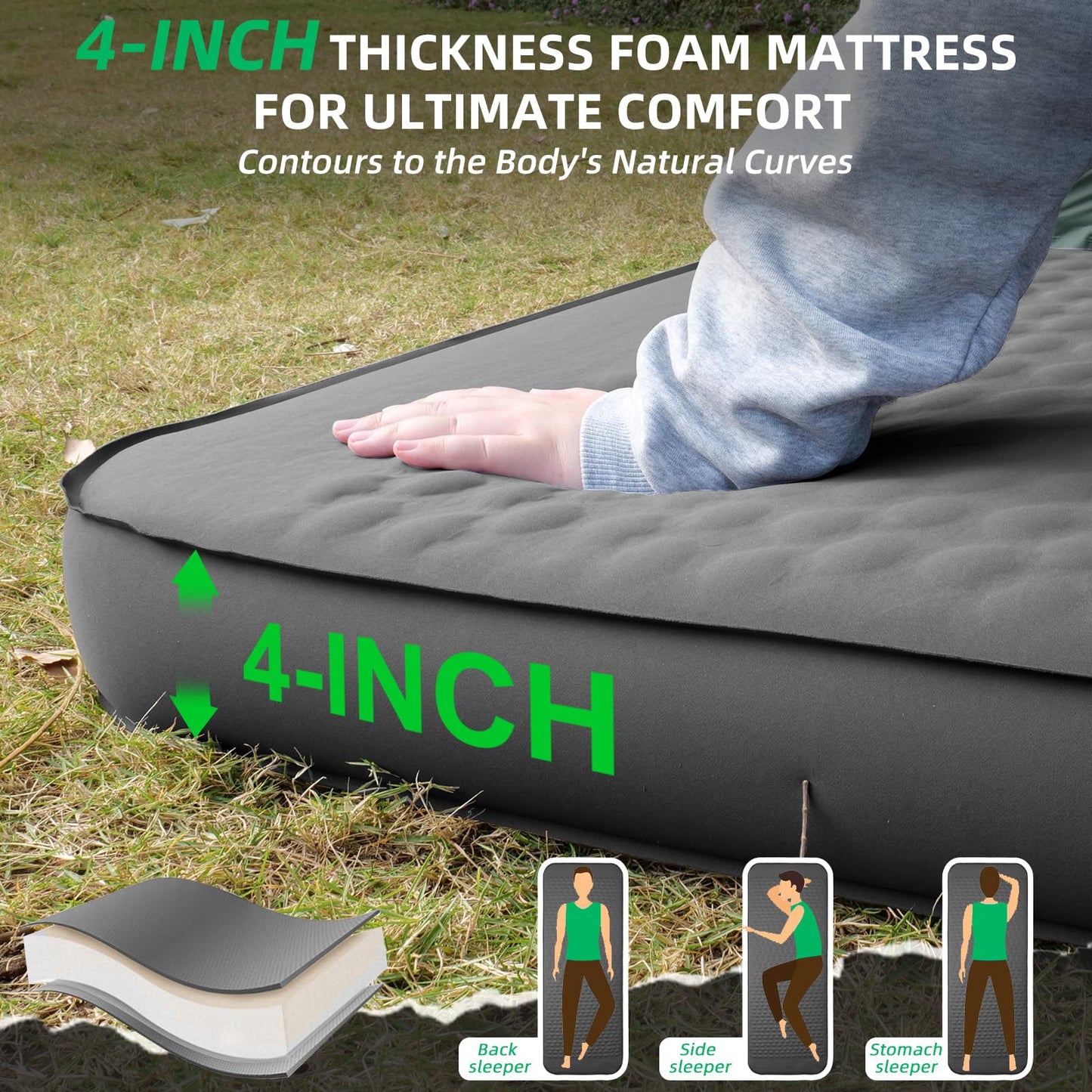 TPYOCQU Self Inflating Sleeping Pad with Electric Pump, 4" Ultra-Thick Memory Foam Camping Sleeping Mat with Pillow, 9.5 R-Value Insulated Camping Pad Mattress for Travel Car Tent (Grey-4Inches)