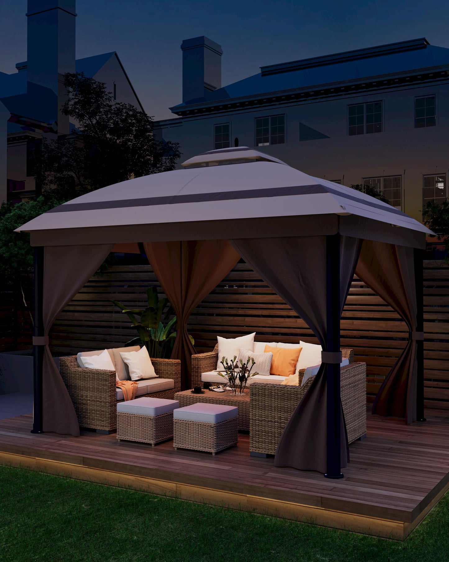 DEXSO Outdoor Gazebo 10´x 12´, with Roof Reinforcing Bars, Curtains Nettings, and Double Roof, Parties Gazebo for Backyard, Garden, Patio, Poolside, and Deck