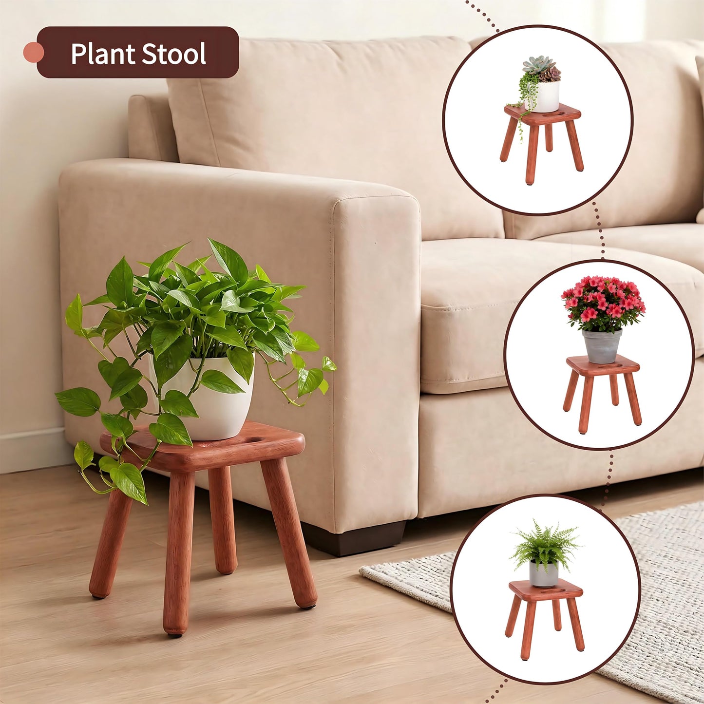 Mezchi 9'' Small Wooden Step Stool with Handle, Non-Slip One Step Stool, Square Portable Footstool, Solid Wood Sitting Stool for Plant, Adult, Kids, Bathroom, Bedroom, Walnut Color