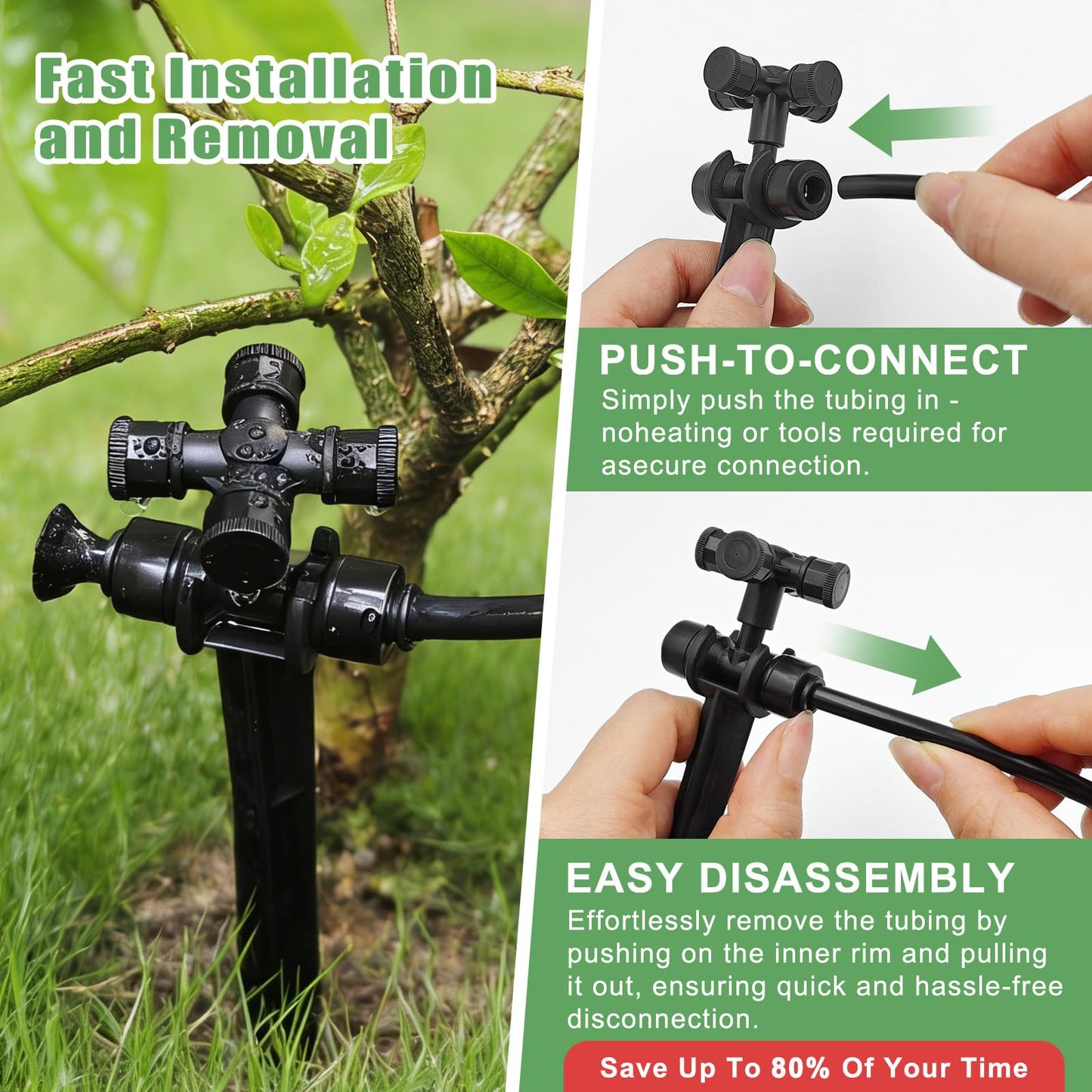 50FT Drip Irrigation System Kit Automatic Garden Watering System with 1/4" Drip Tubing & Quick Connect Fittings Adjustable Mist and Linear Columnar Modes for Greenhouse, Raised Garden Beds, Lawn, Yard