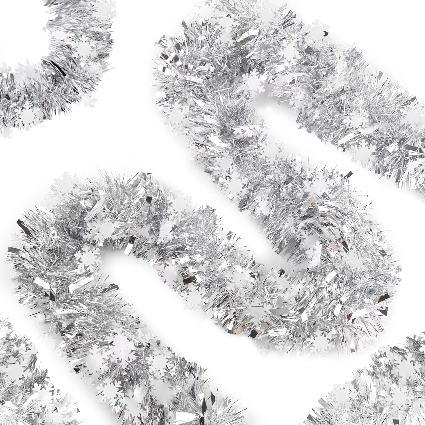 FOIMAS 33 Feet Christmas Tinsel Garland, Metallic Silver Christmas Snowflake Hanging Garland for Xmas Tree Fireplace Home Decoration (Silver)