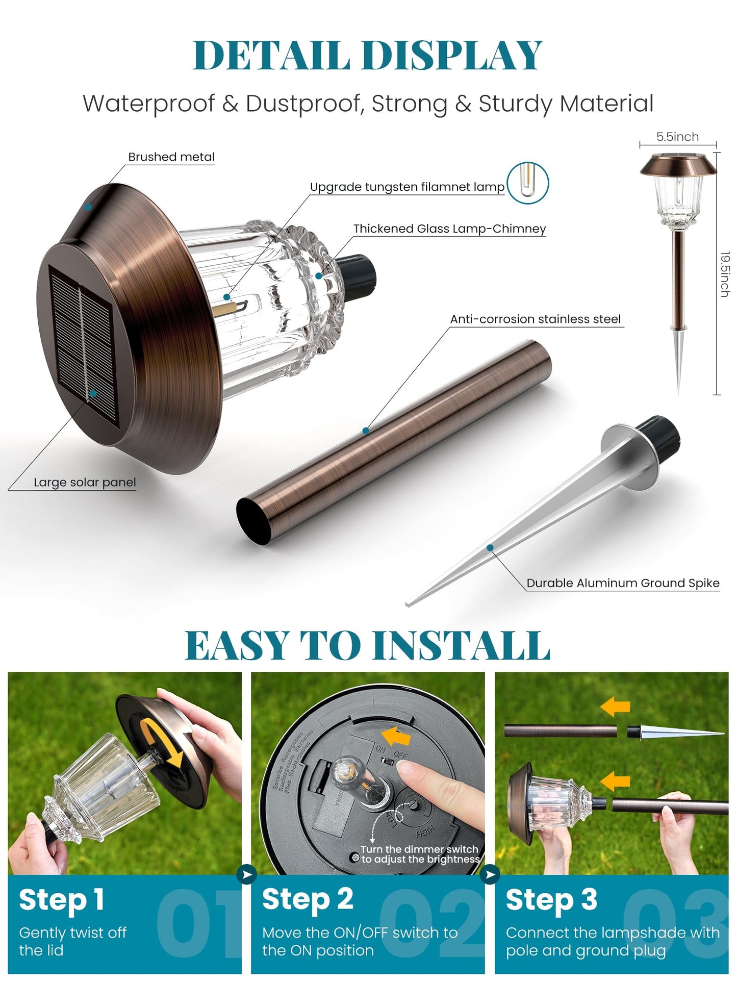 HMDecor Solar Lights Outdoor Waterproof,4 Pack Bronze Pathway Lights with 10-40 LM Dimmable Glass and Metal, Solar Powered Garden Fall Decor for Yard,Patio,Pathway,Driveway(Warm White)