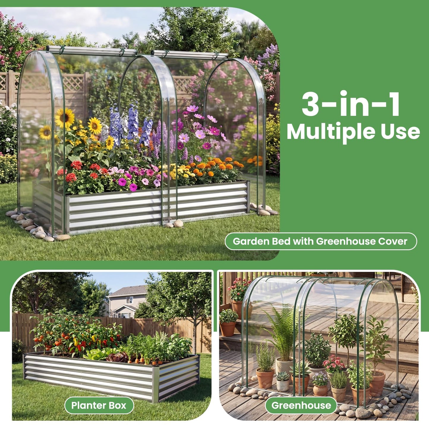 Giantex Galvanized Raised Garden Bed with Greenhouse Cover, 6x3x1 FT Outdoor Metal Oval Tall Planter Box with 2 Roll-up Windows, Clear PVC Mini Greenhouse for Vegetables Flowers Herbs Patio (Silver)
