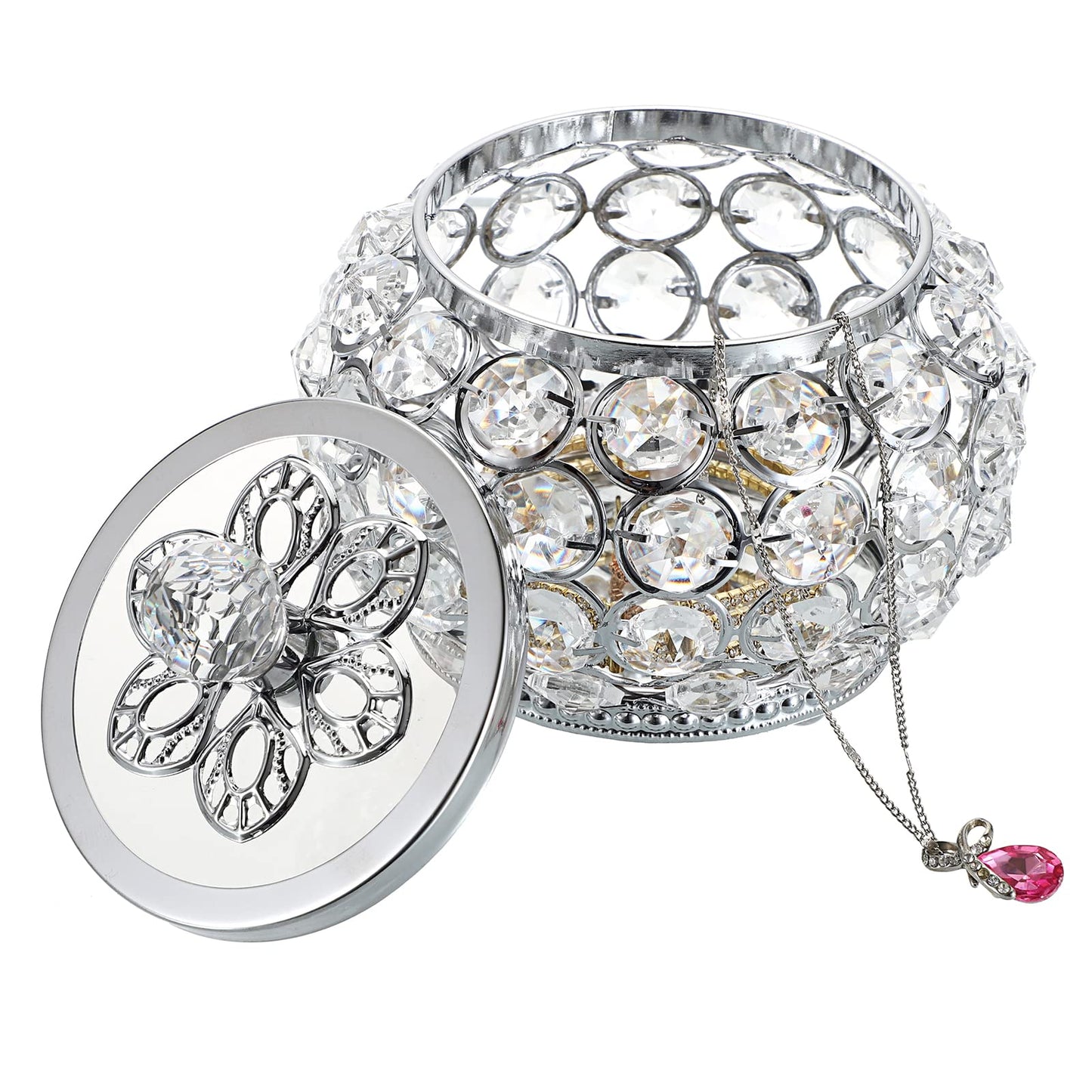 Hipiwe Crystal Jewelry Box with Glass Lid Small Trinket Organizer Mirrored Treasure Box Ring Holder Earrings Necklace Storage Box Keepsake Gift Box for Home Dresser Decor, Silver