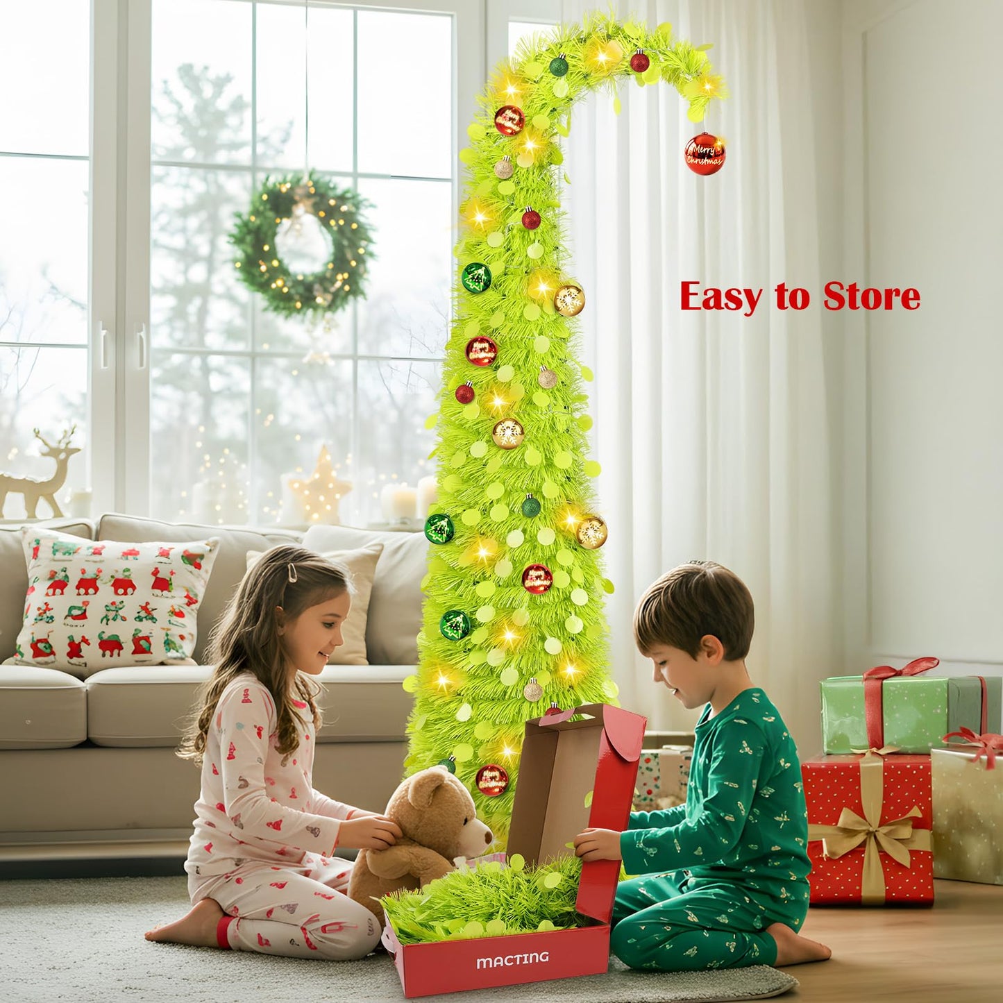 MACTING Whimsical Christmas Tree with Ball String Lights 5FT Green Pop Up Curved Tree with 15 Ball Lights & Hanging Ornaments Collapsible Tinsel Tree for Apartment Porch Indoor Xmas Halloween Decor