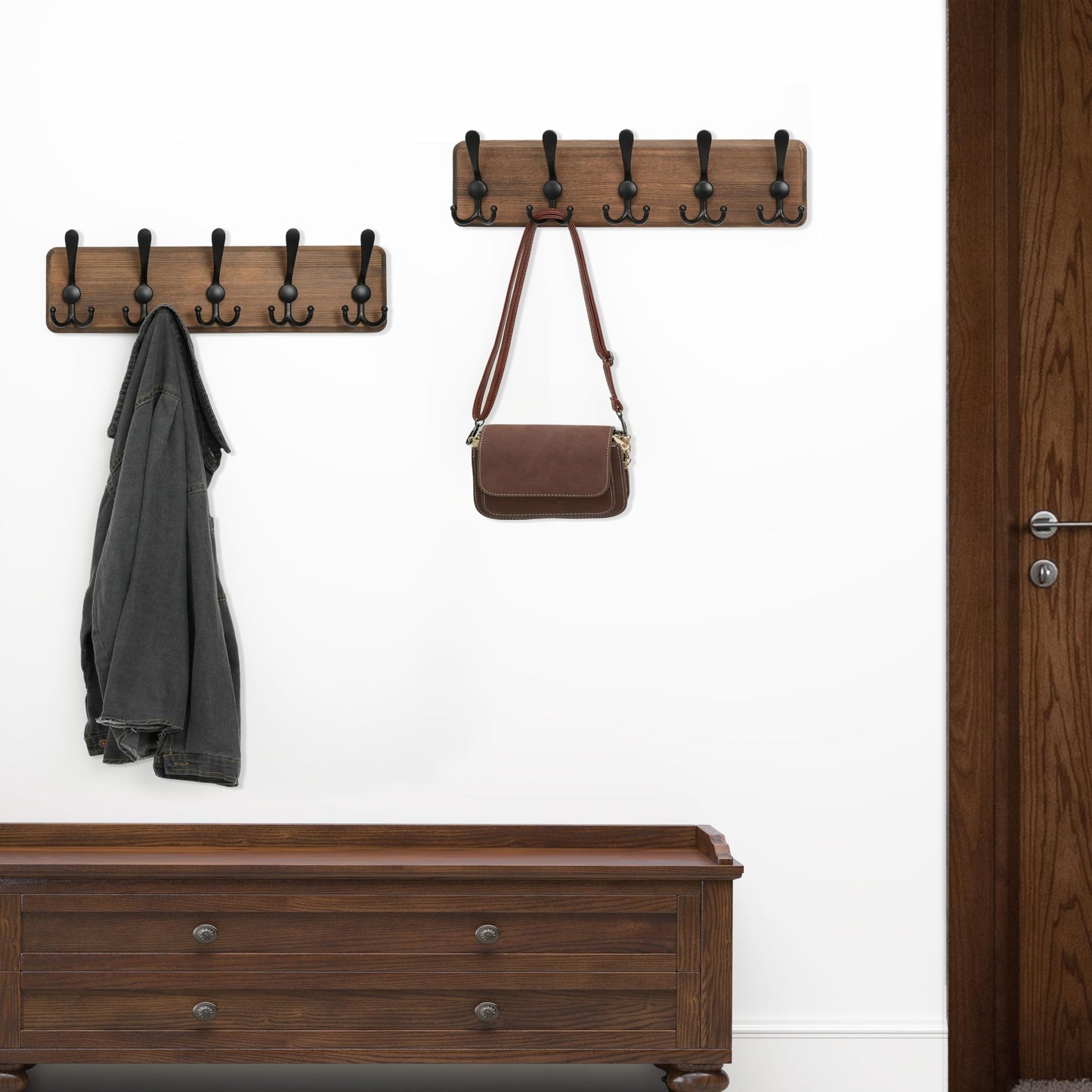 WEBI Rustic Coat Rack Wall Mount,Solid Wood Coat Hooks Wall Mounted Coat Hanger,16" Hole to Hole,Hook Rack Rail,5 Triple Hooks for Hanging Coats,Jacket,Clothes,Farmhouse,Brown