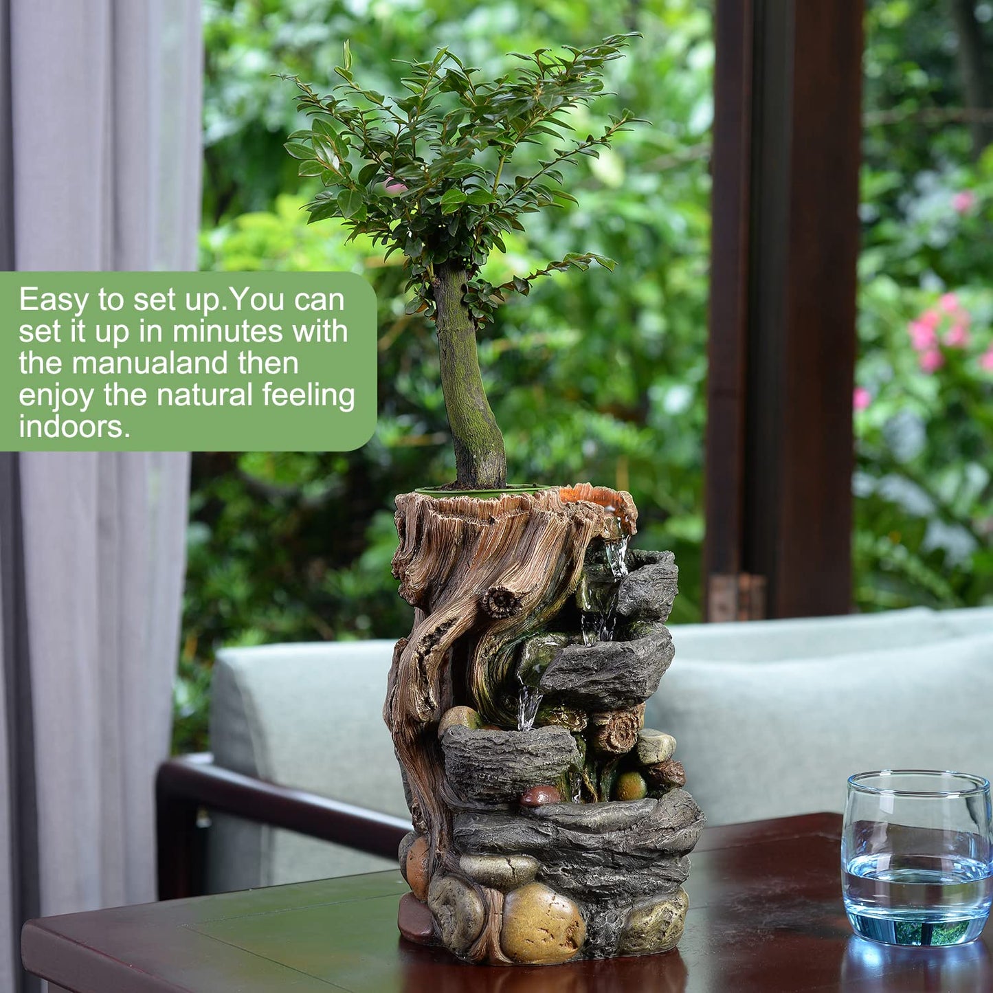 GOSSI Indoor 5-Tier Rockery Tabletop Waterfall Fountain with Auto Watering and Small Plastic Plant Pot, Decorative Home Water Fountain (22021)