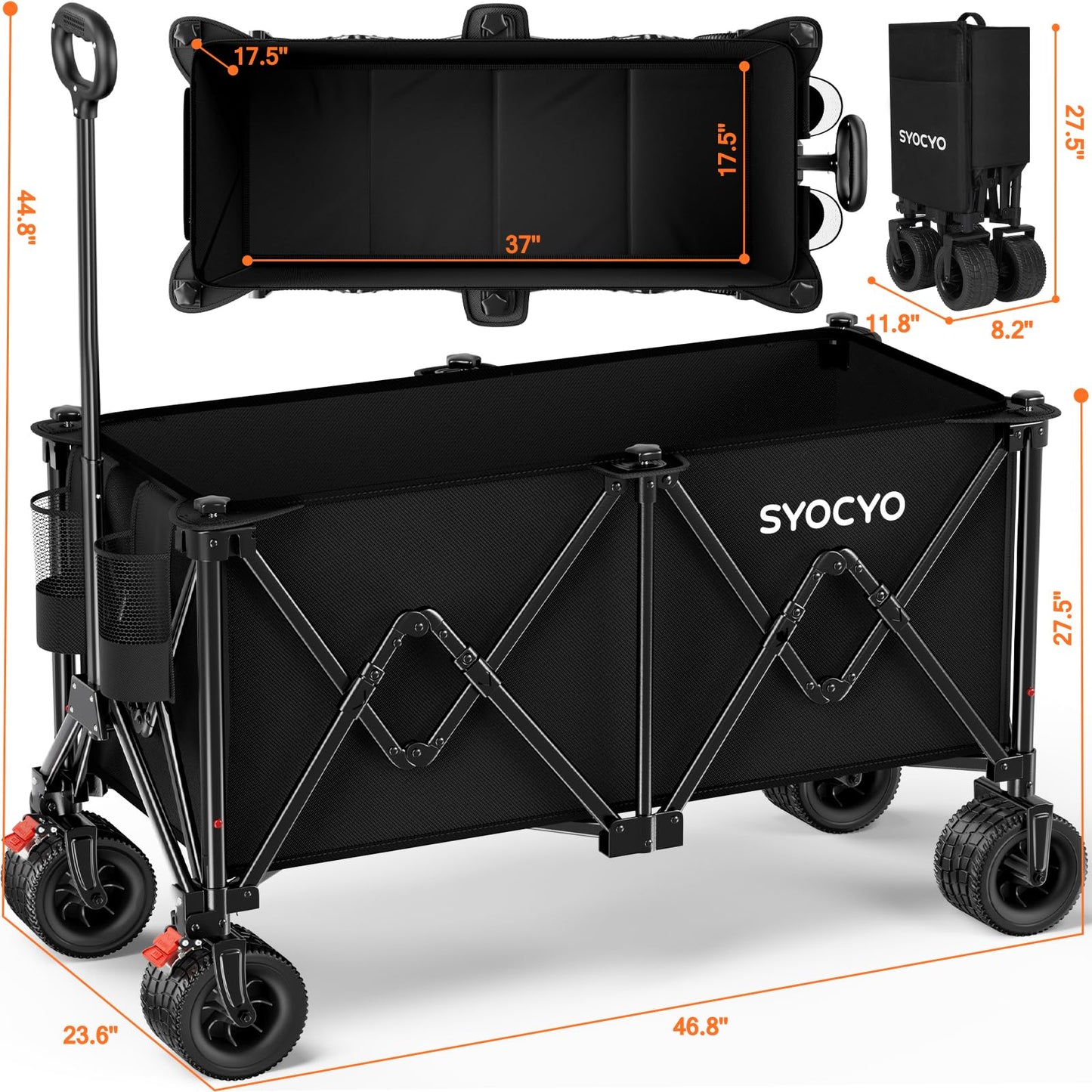 Collapsible Wagon Carts Foldable 570LBS Beach Wagon with Big All-Terrain Wheels Weight Capacity Heavy Duty Utility Carts with Cup Holders for Garden, Camping, Grocery, Sports Black