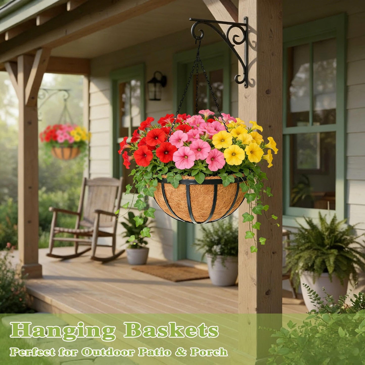 ZVOWOS 14 Inch Black Flat Iron Metal Hanging Planter Basket with Coco Coir Liner(4 Pack) Hanging Planters for Outdoor Plants Hanging Baskets for Plants Flower Pots for Deck Patio Porch Garden Balcony