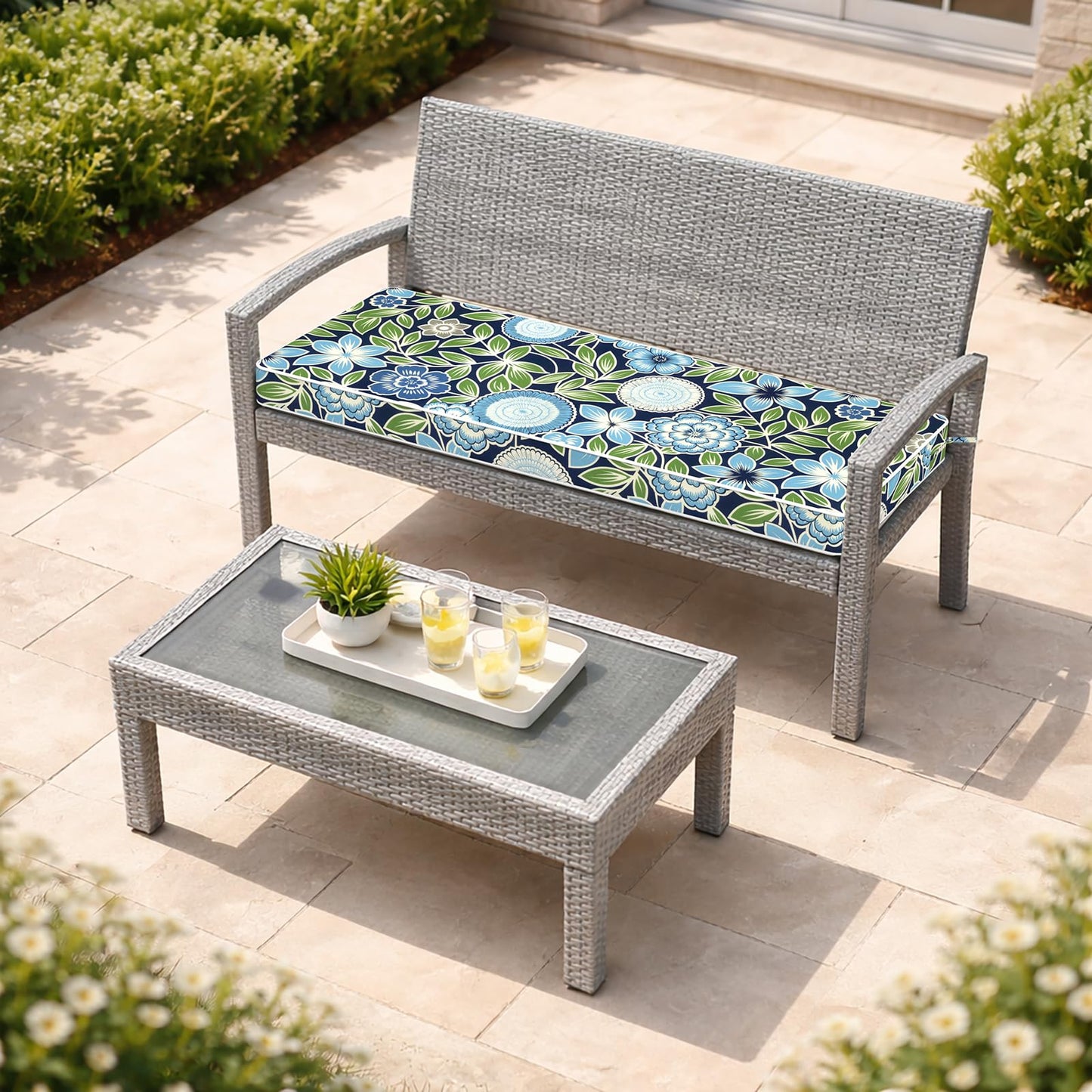 Melody Elephant Outdoor Bench Cushion 42x18x3 Inch, Patio Furniture Cushions, All-Weather Seat Chair Couch Pad, Garden Porch Loveseat Bench Cushion for Decoration, Azure Bloom