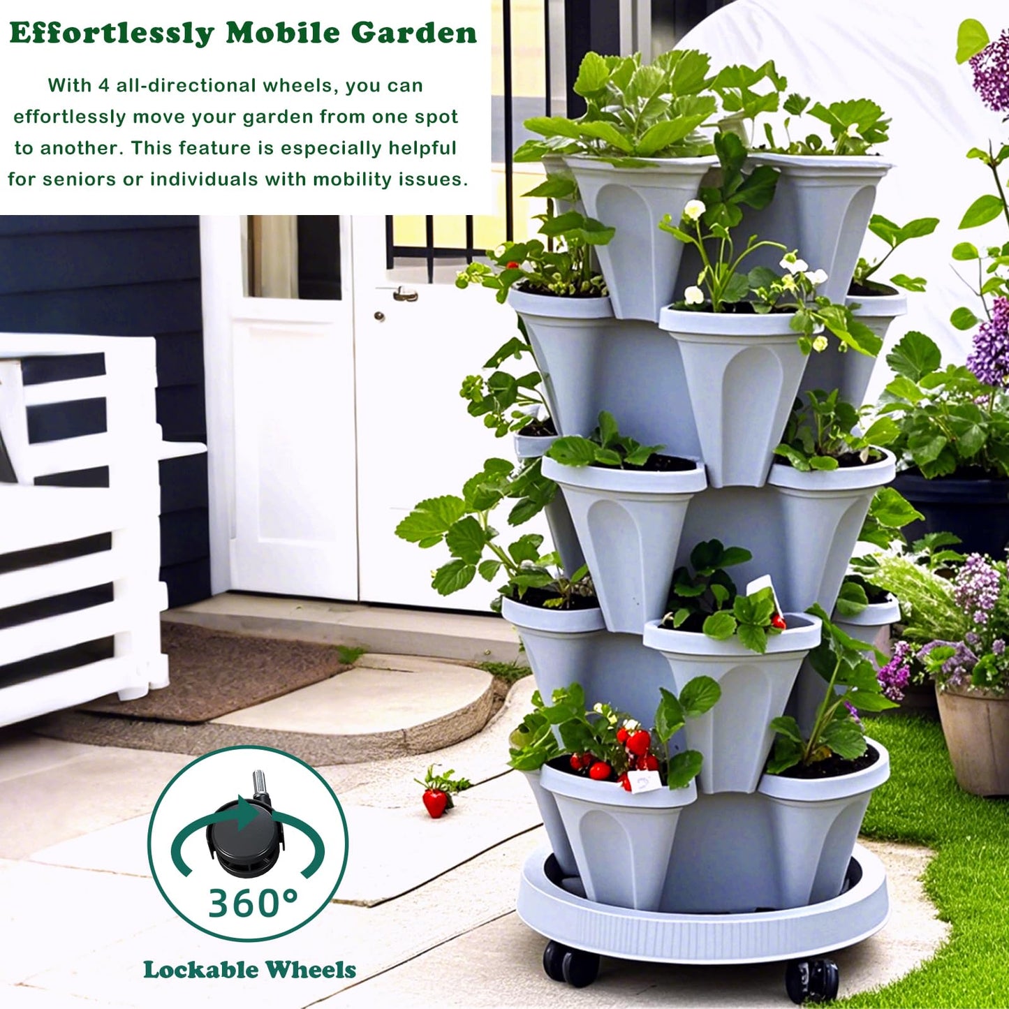 Lykvrii Strawberry Planters, 7 Tiered Vertical Stackable Planter, Herb Stacking Tower Garden, Flower Vegetable Planters with Support Pole, Indoor & Outdoor with Removable Wheels - White