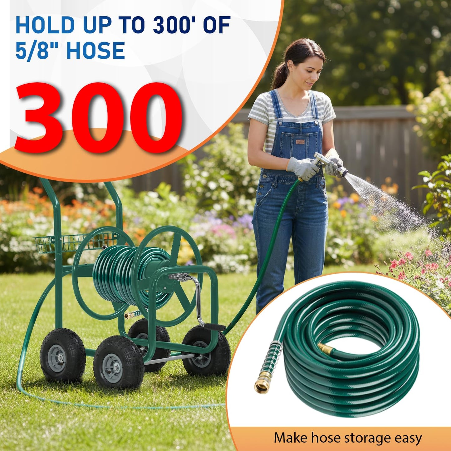 FDW Garden Hose Reel Cart, Water Hose Cart with 4 Wheels, Hold Up to 300 ft of 5/8’’ Hose，Heavy Duty Powder-Coated Steel Planting with Storage Basket, for Garden, Yard and Lawn