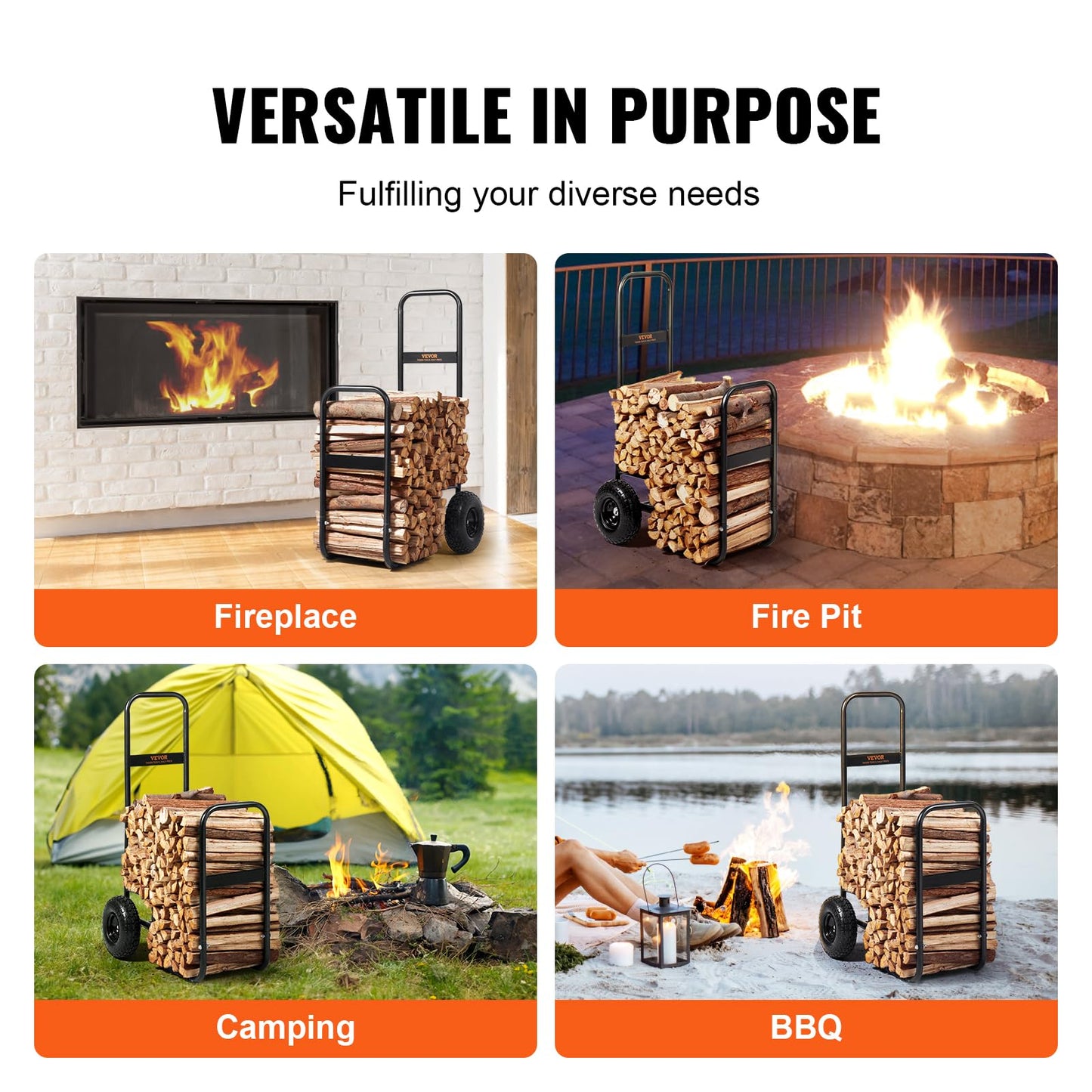 VEVOR Log Cart 250 lbs Load Capacity, Outdoor and Indoor Wood Rack Storage Mover with Pneumatic Rubber Wheels, Heavy Duty Steel Dolly Hauler, Firewood Carrier for Fireplace, Fire Pit, Black