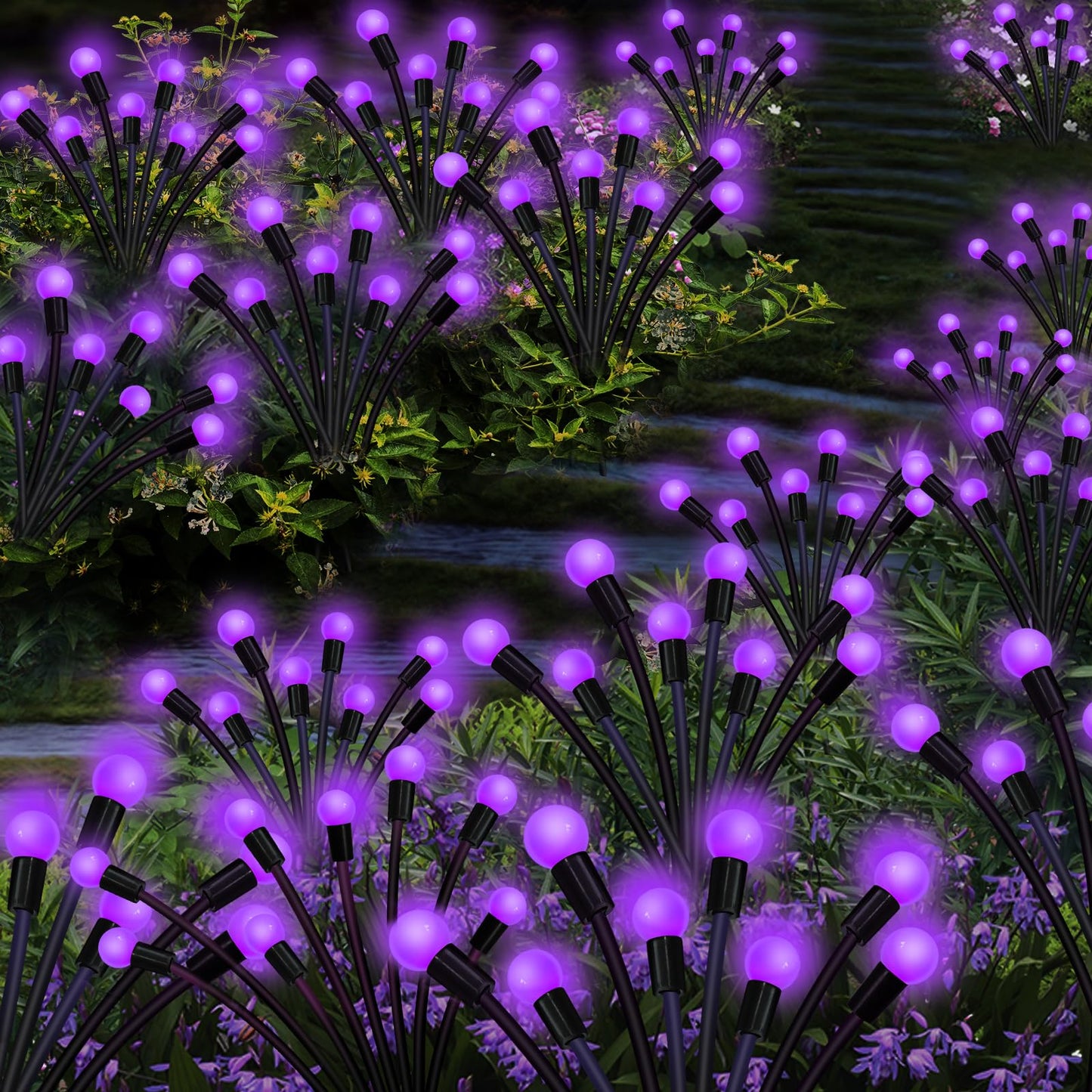 Solar Garden Lights Outdoor, 2 Pack 16 LED Solar Purple Firefly Lights Waterproof, Starburst Wind Swaying Light for Outside Yard Patio Planter Flower Bed Walkway Halloween Christmas Decoration