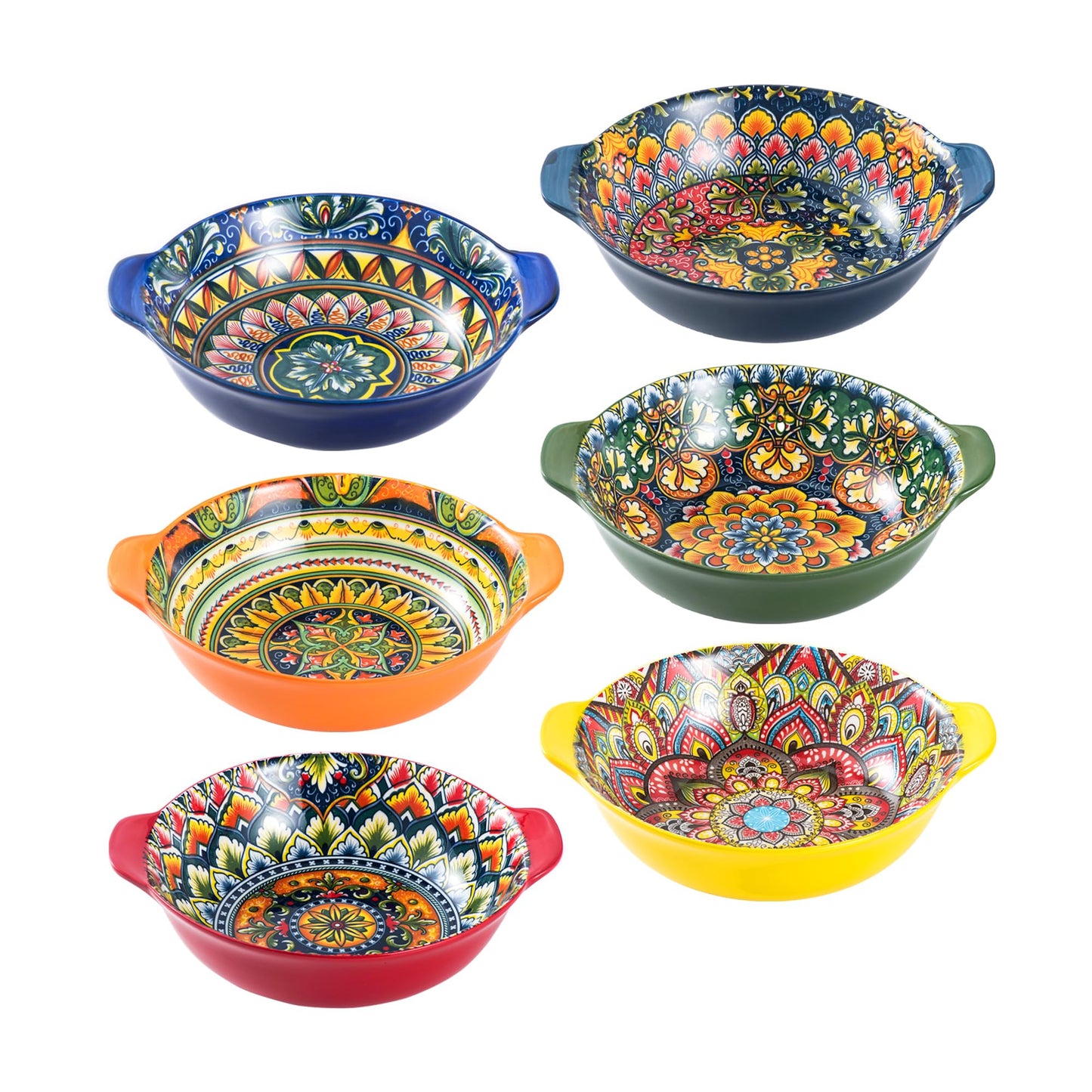 Henten Home Ceramic Soup Bowls Set, 14 oz Cereal Bowl Set of 6, Porcelain Small Dessert Bowls with Handle, for Serving, Snack, Salad, Bohemian, Microwave & Dishwasher Safe
