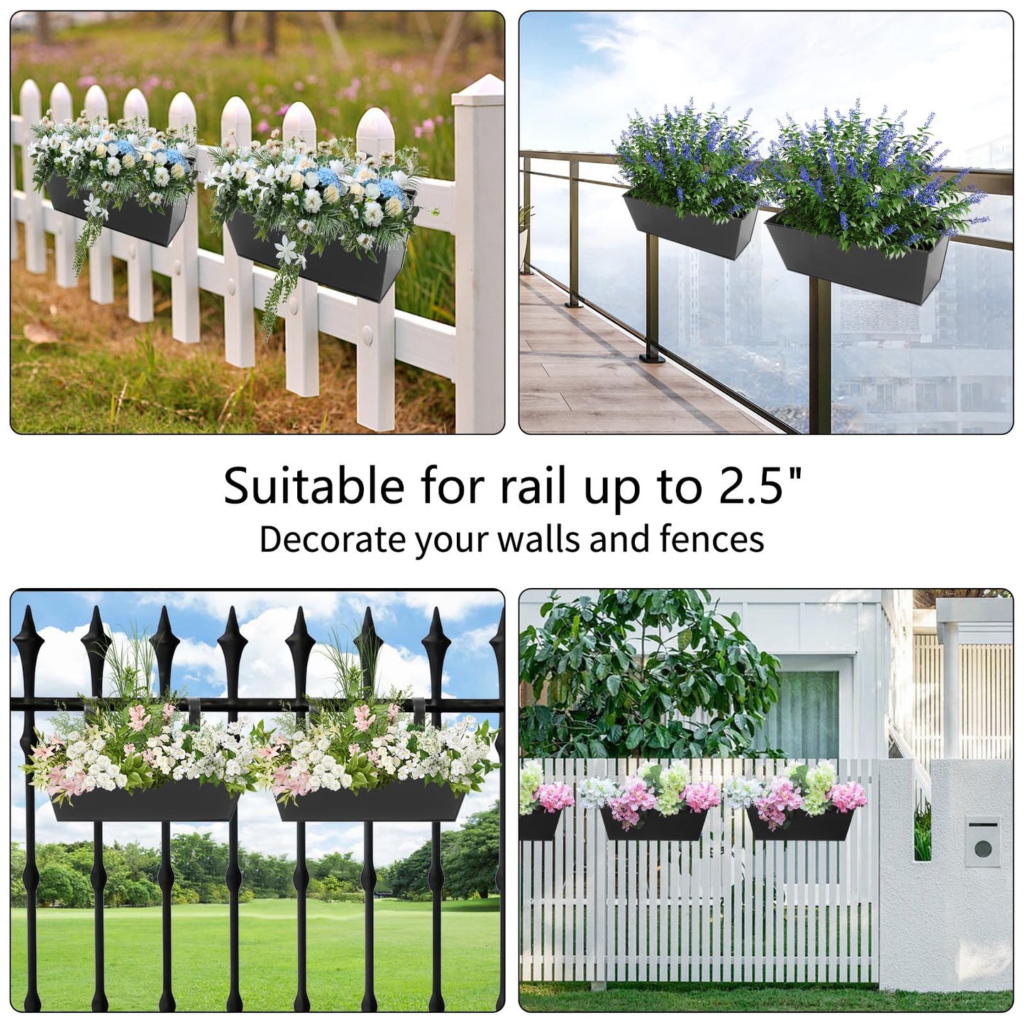 Holensun Railing Planters Outdoor Balcony 16 Inch Deck Over The Railing Planter Boxes Hanging Planters for Fence Flower 3 Pcs (Black)