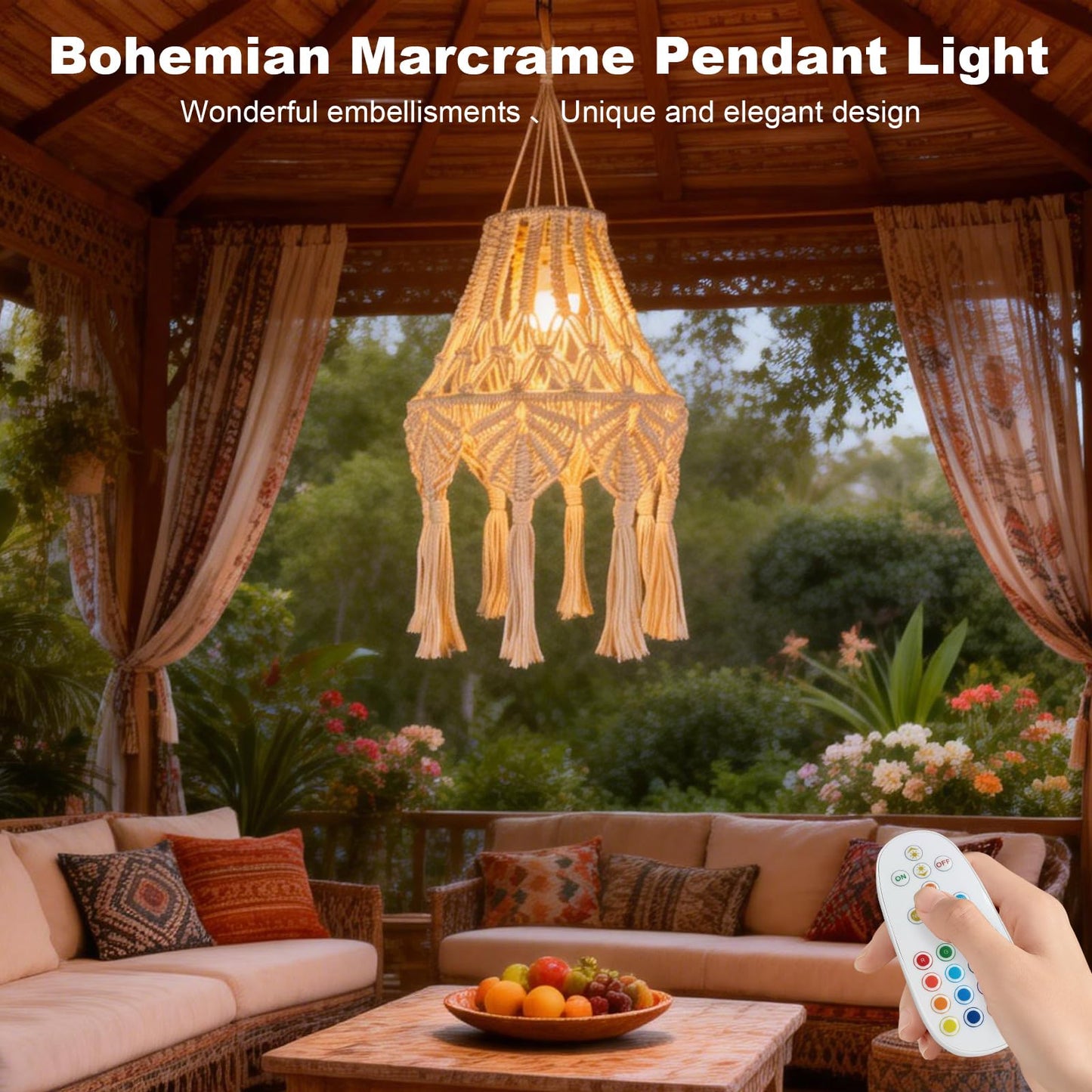 AVAMERY Boho Chic Macrame Pendant Lights with Tassels, Remote Control Dimmable Timer Rechargeable Battery Operated Hanging Lamp, Cotton Rope Wall Decor for Bedroom Living Room