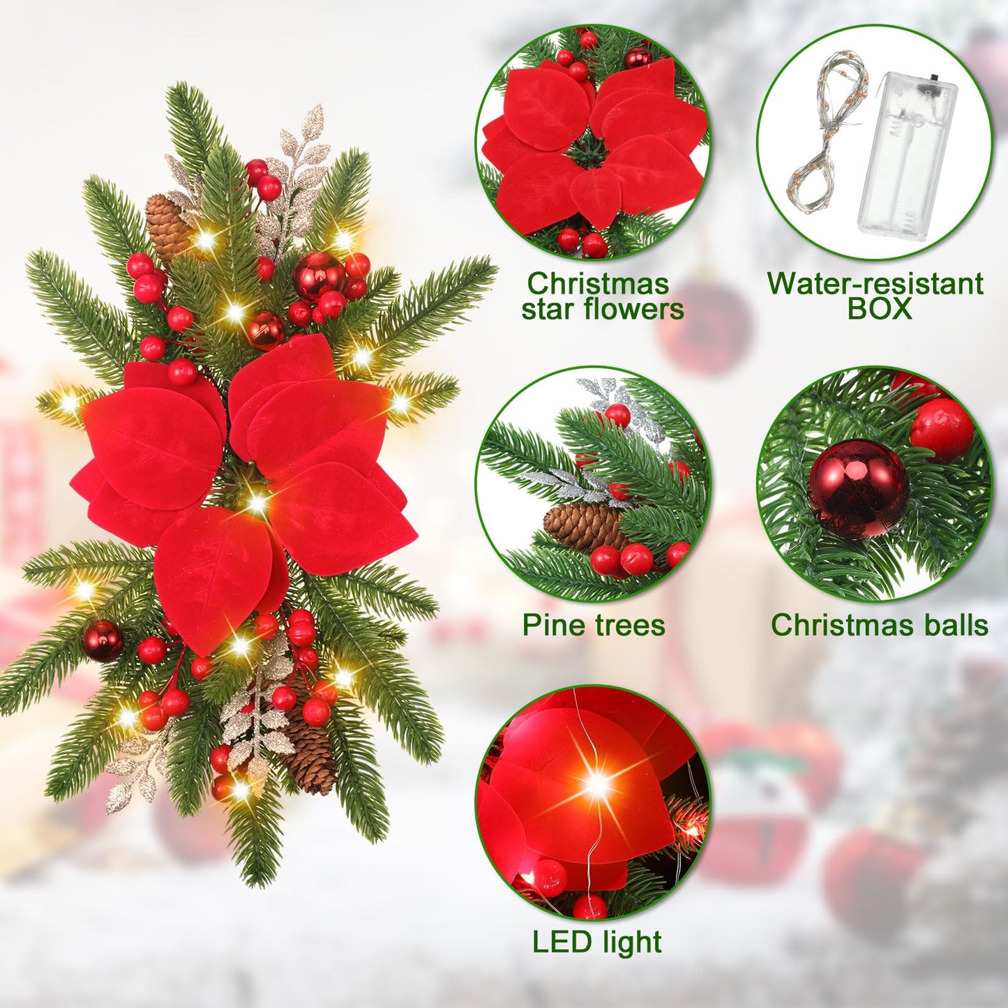 Hotop 3 Pcs Artificial Christmas Swag 17.7" Prelit Teardrop Christmas Swags for Stairs Xmas Garland with Lights for Decorating Outdoor Front Door Window Home(Red)
