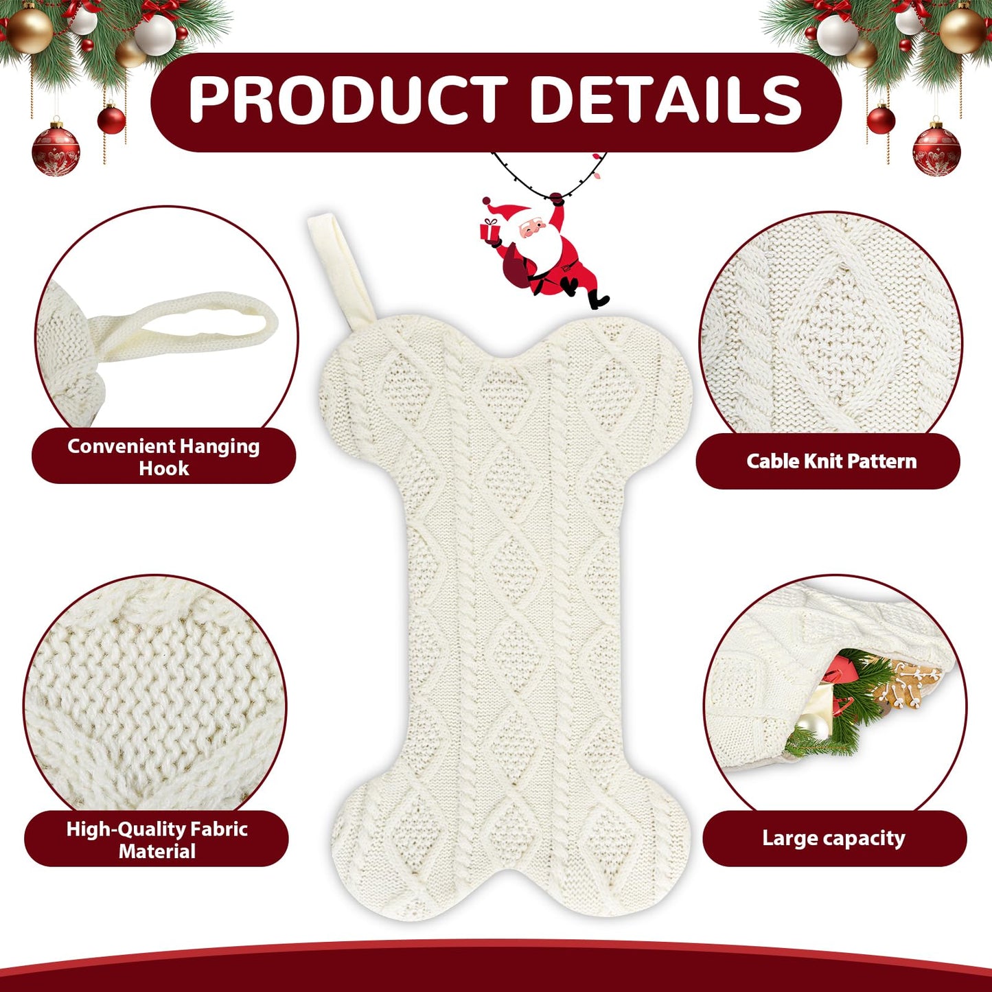 KCFESTIHUE Christmas Stocking, Large Dog Bone Shape, Super Soft Cable Knit Pattern, 18", Fireplace Hanging Holiday Decoration, Knitted Xmas Stockings for Pets, Family Party Décor, White