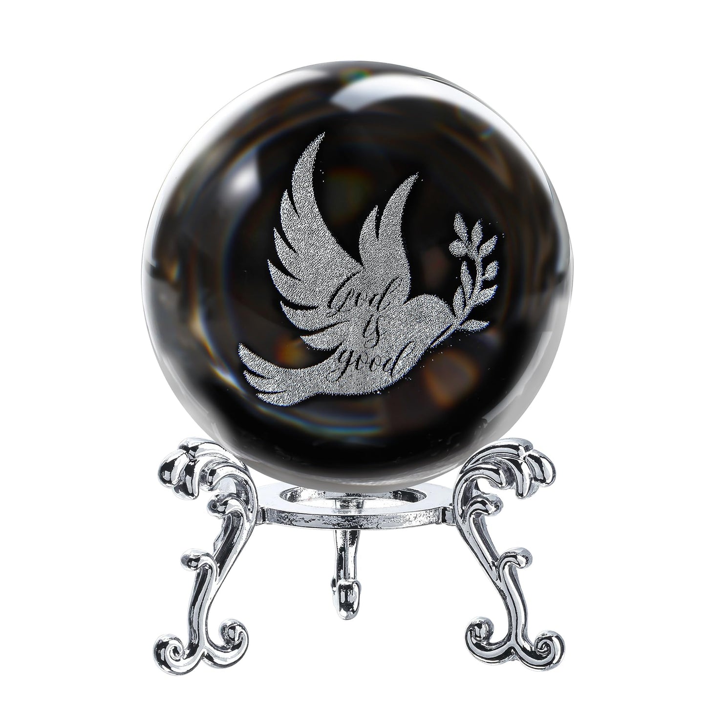 ZEERSHEE 60mm Glass Peace Dove Ball Laser Etched Dove with Olive Branch Crystal Pigeon Ornament with Stand Decor for Home Table