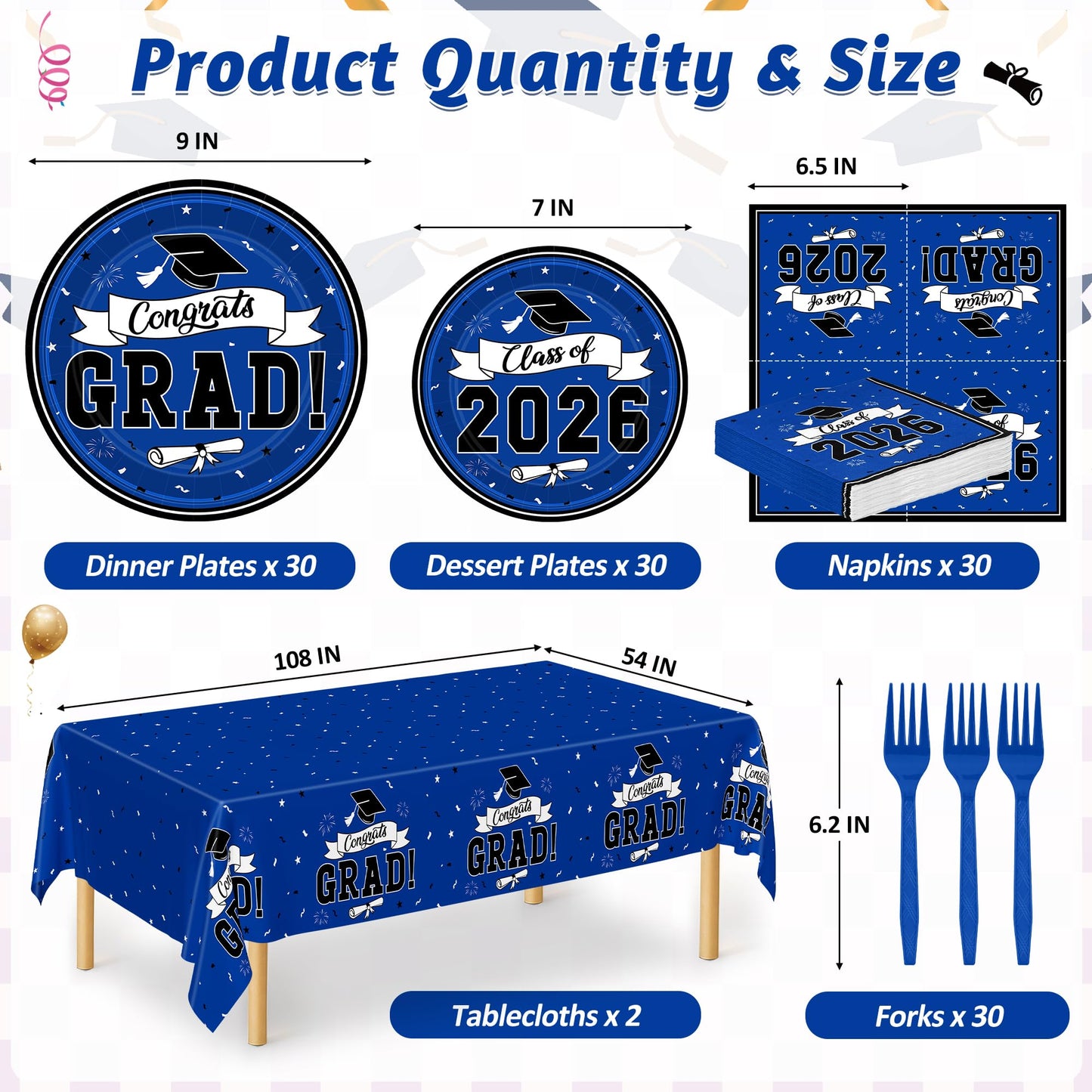 122 Pcs 2026 Graduation Decorations Serves 30, Graduation Party Plates and Napkins Set, Disposable Class of 2026 Grad Decorations, Blue Congrats Grad Paper Dinnerware Table Decor for Party