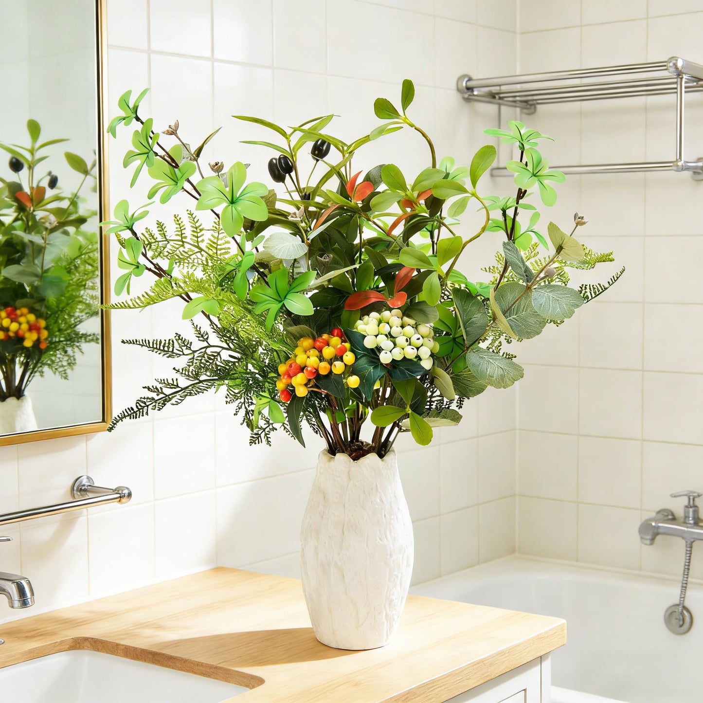 K&Y Realistic Artificial Potted Plants Olive Wild Fern Berry Decor Low Maintenance Faux Greenery Indoor Fake Plants for Home Office Bathroom Kitchen Desk Shelf No Watering Needed (White Vase)